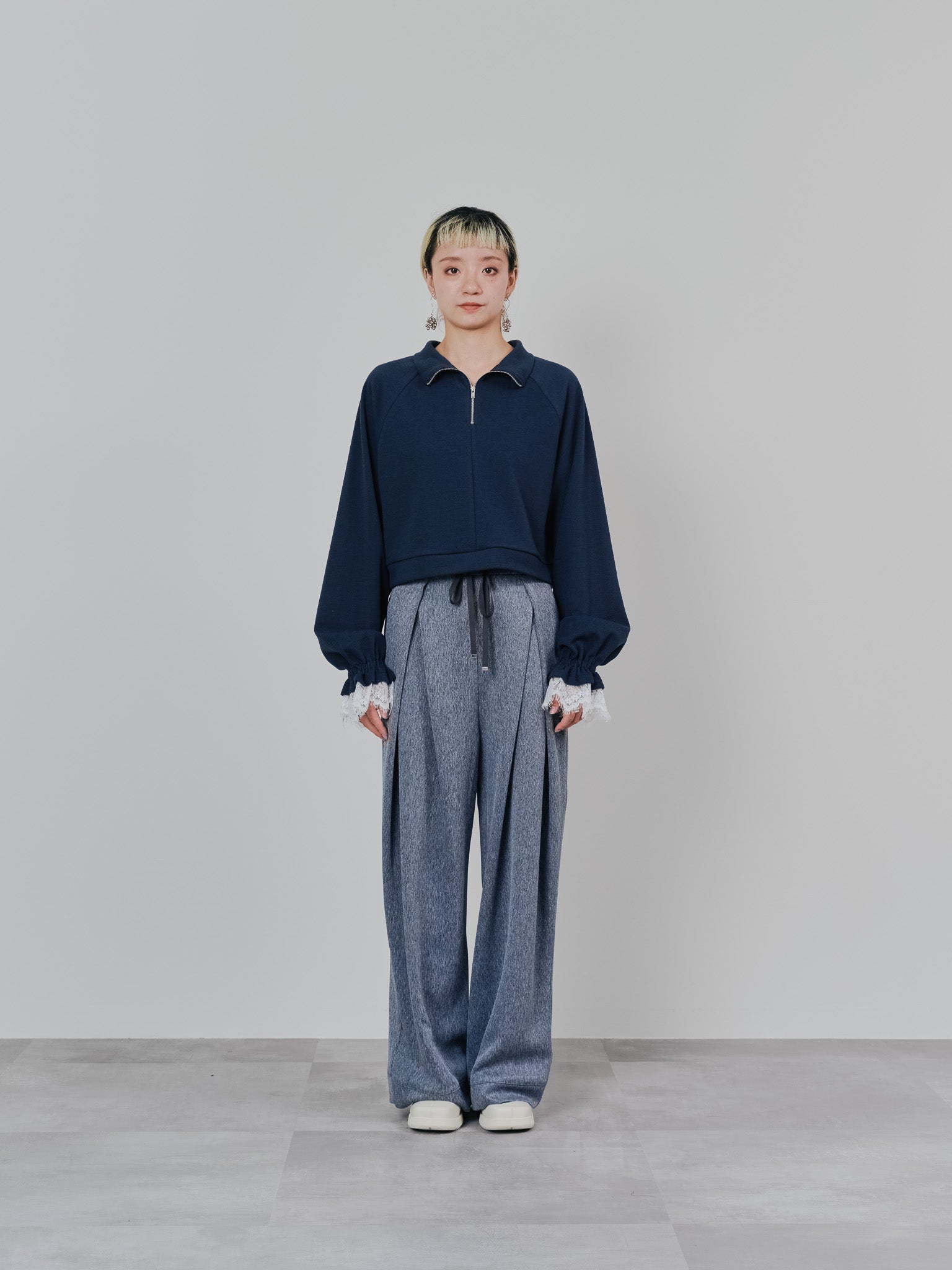 ハーフジップ配色レーストップス [605529] dark navy