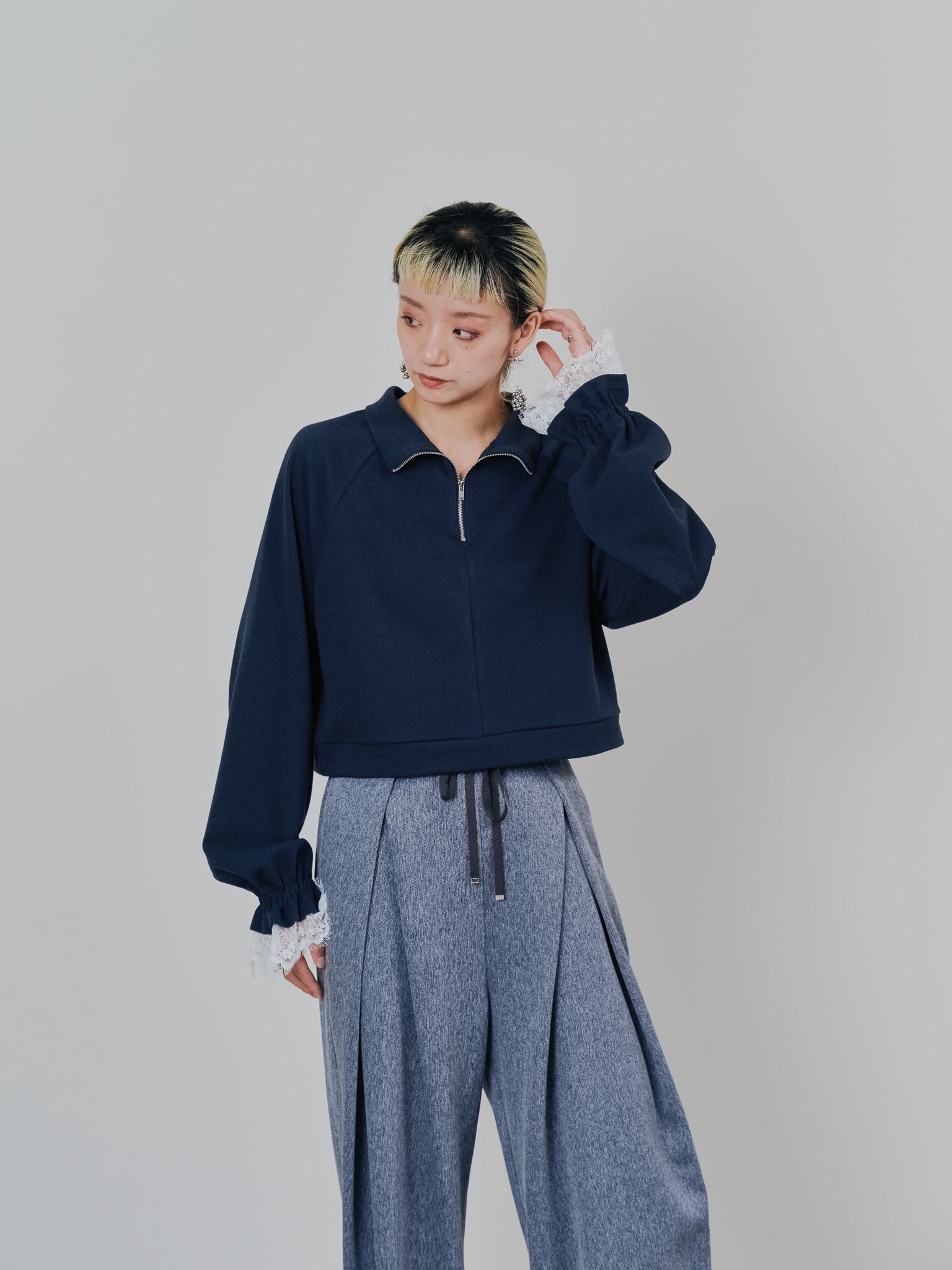 ハーフジップ配色レーストップス [605529] dark navy