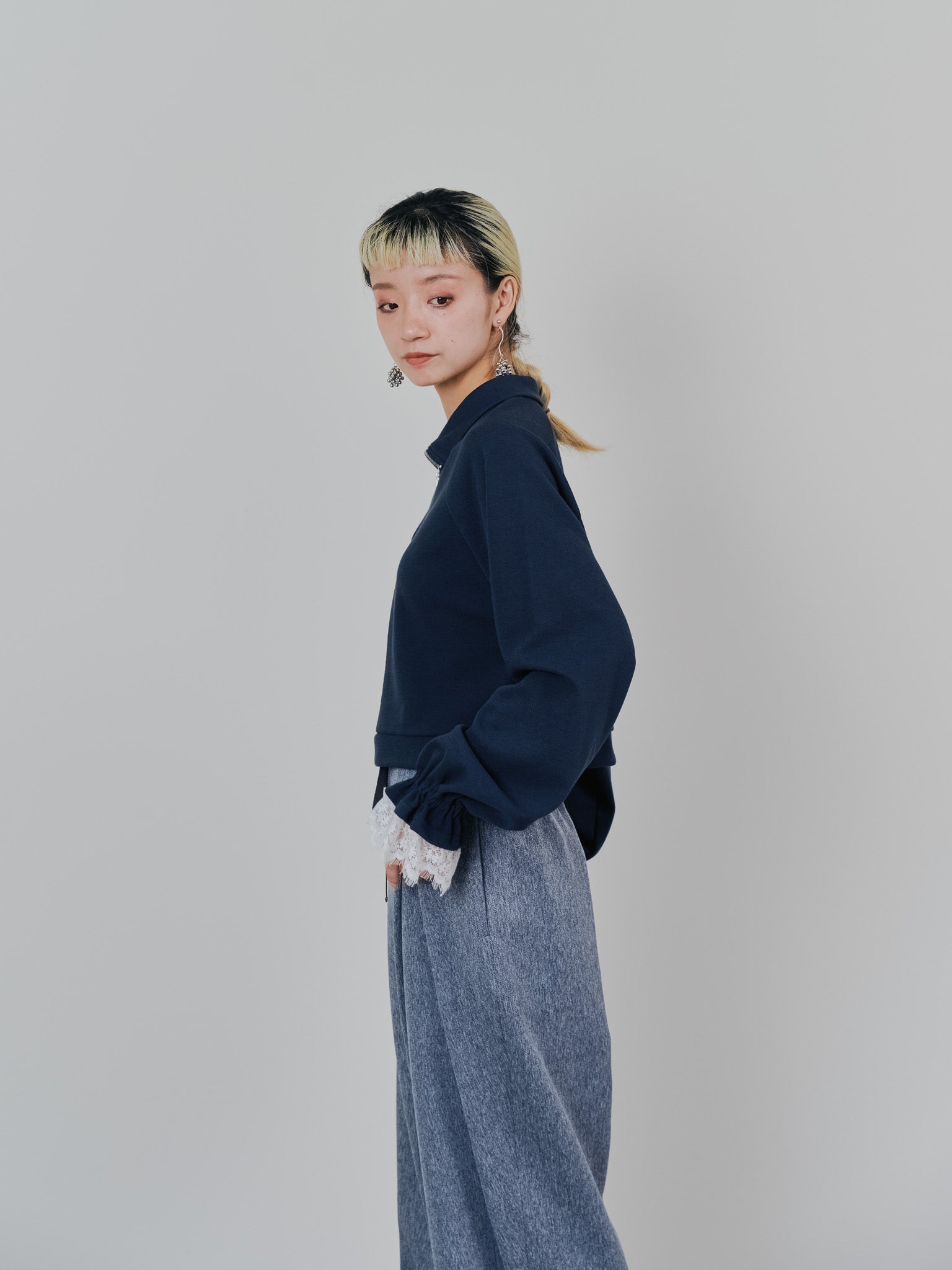 ハーフジップ配色レーストップス [605529] dark navy