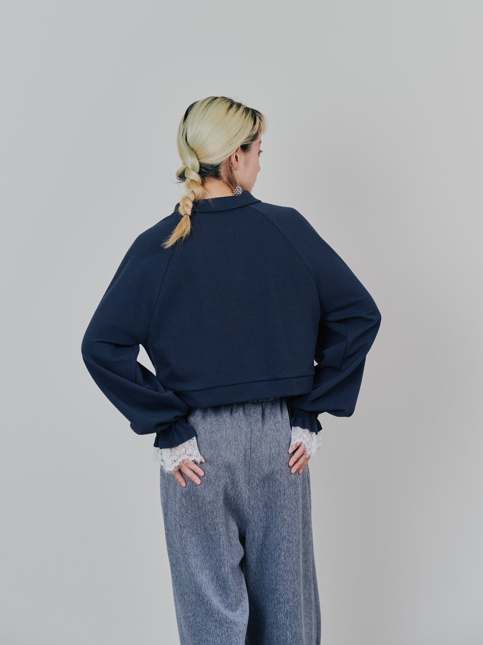 ハーフジップ配色レーストップス [605529] dark navy