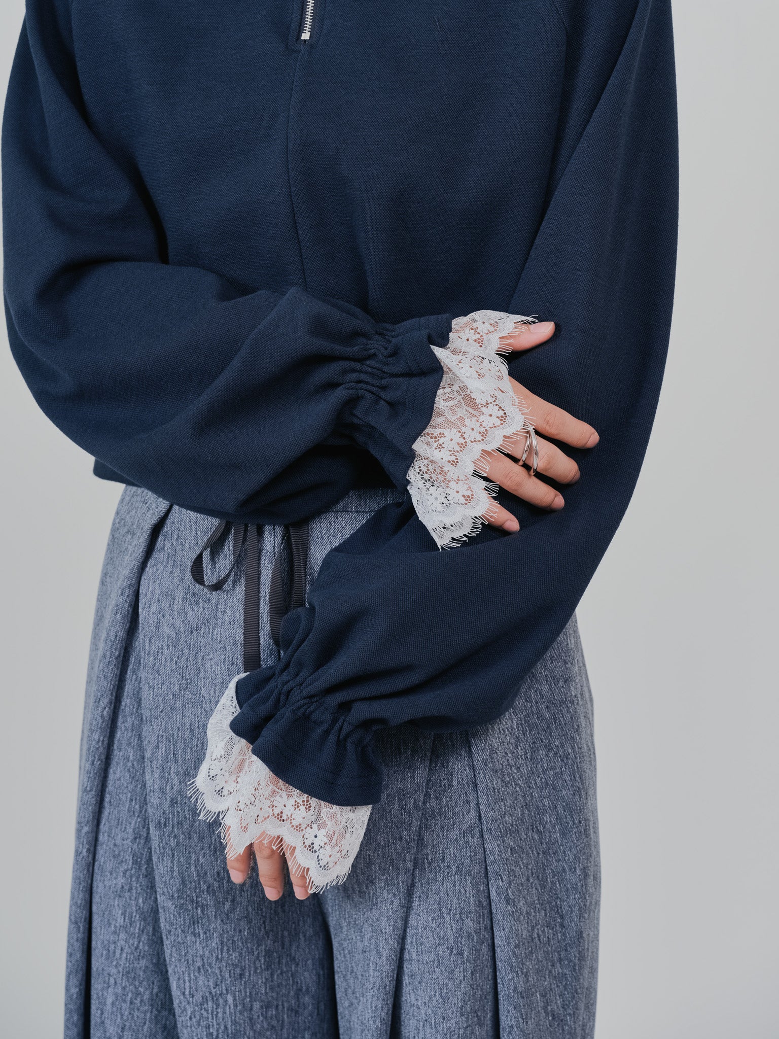 ハーフジップ配色レーストップス [605529] dark navy
