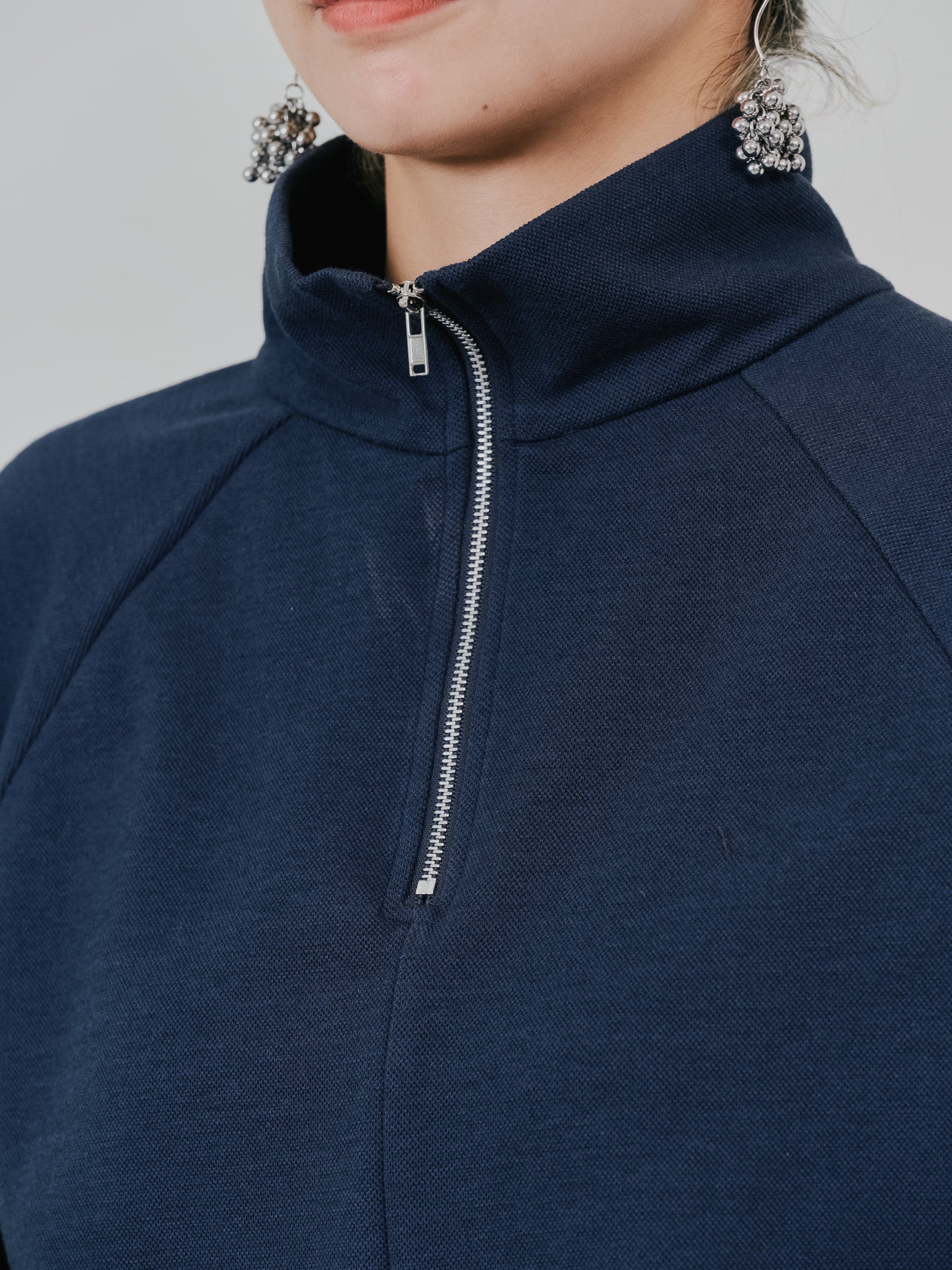 ハーフジップ配色レーストップス [605529] dark navy