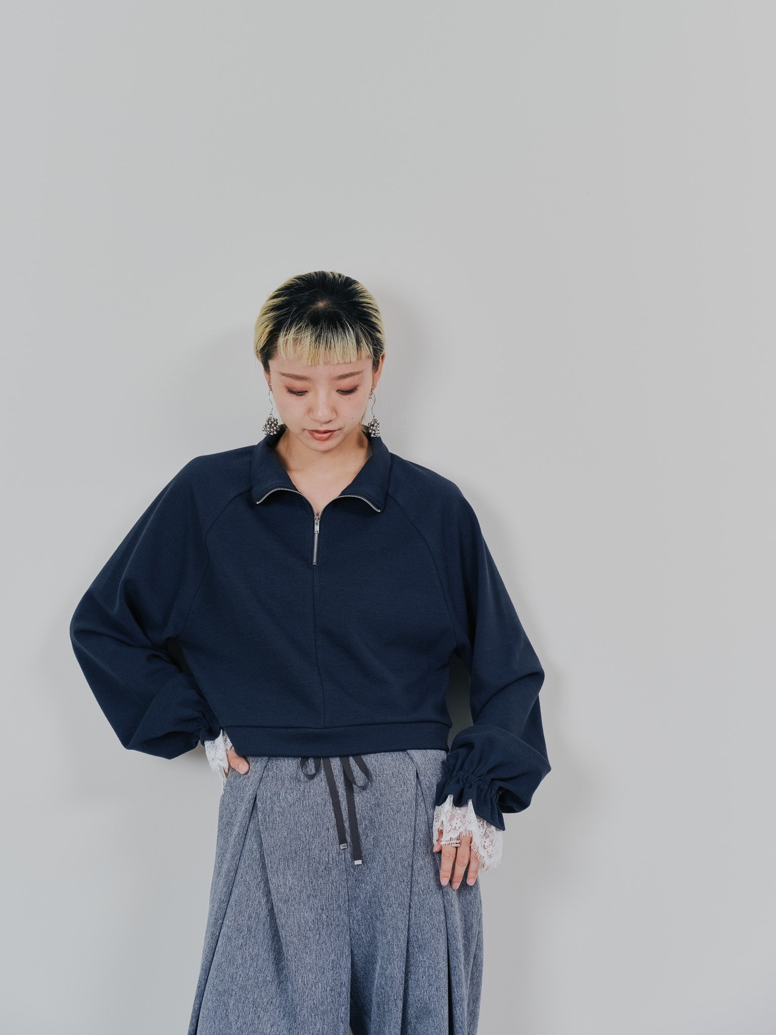 ハーフジップ配色レーストップス [605529] dark navy