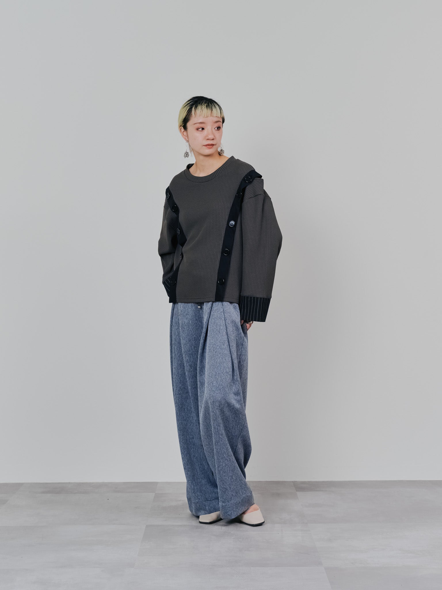 フロントリボンワイドタックパンツ [603330] grey