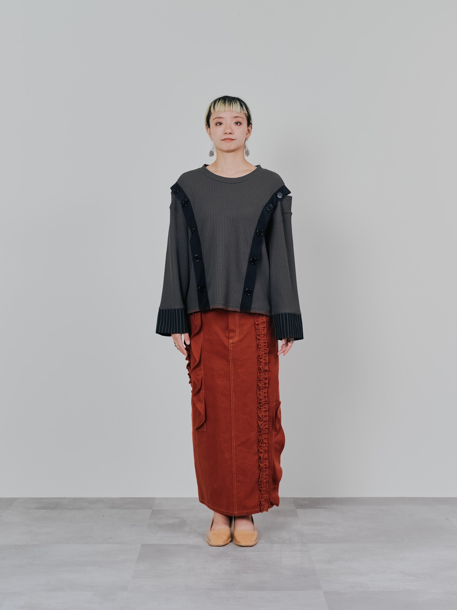 ミックスフリルカツラギタイトスカート [601358] red brown