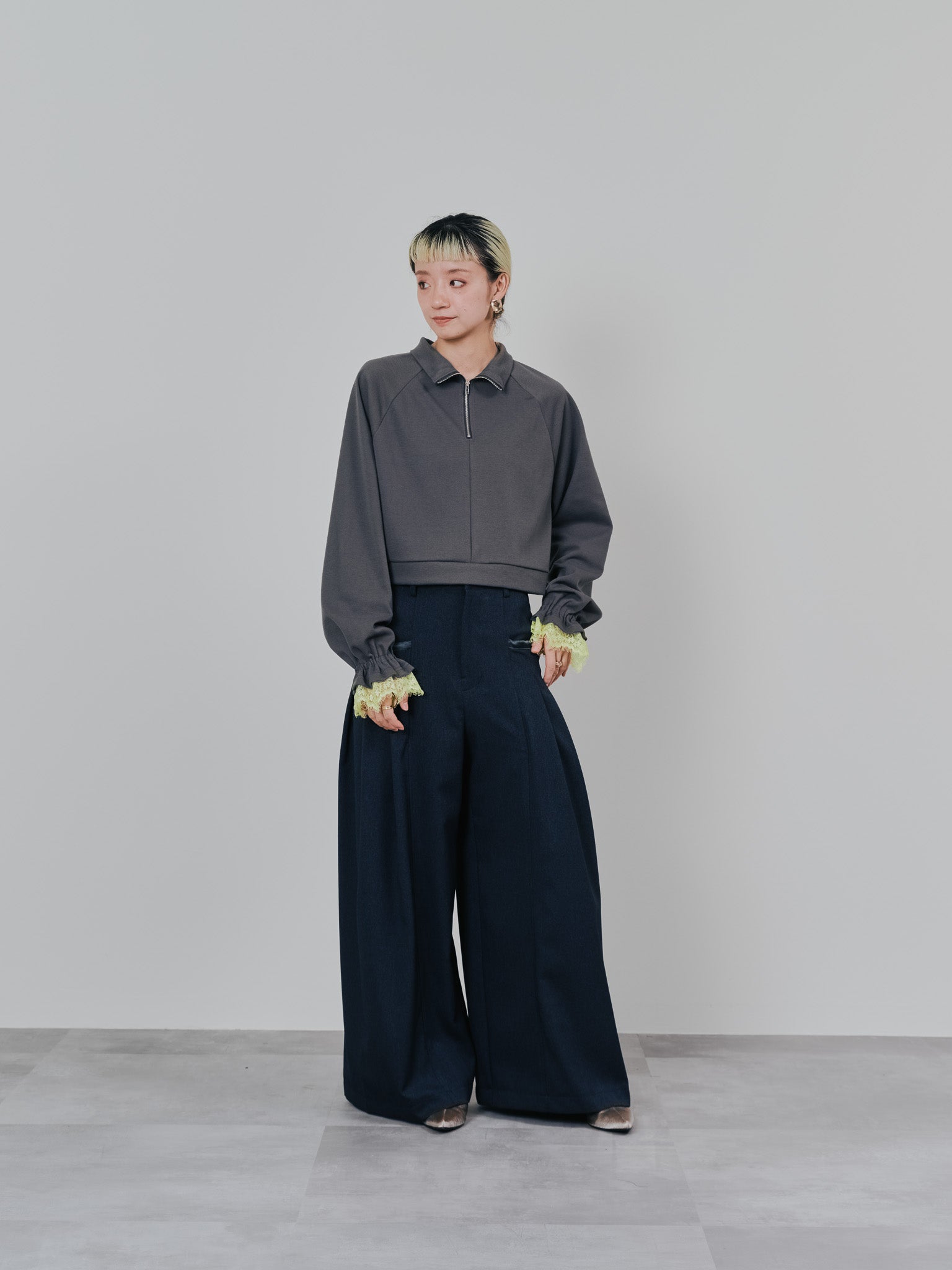 チェックボリュームタックパンツ [603331] charcoal