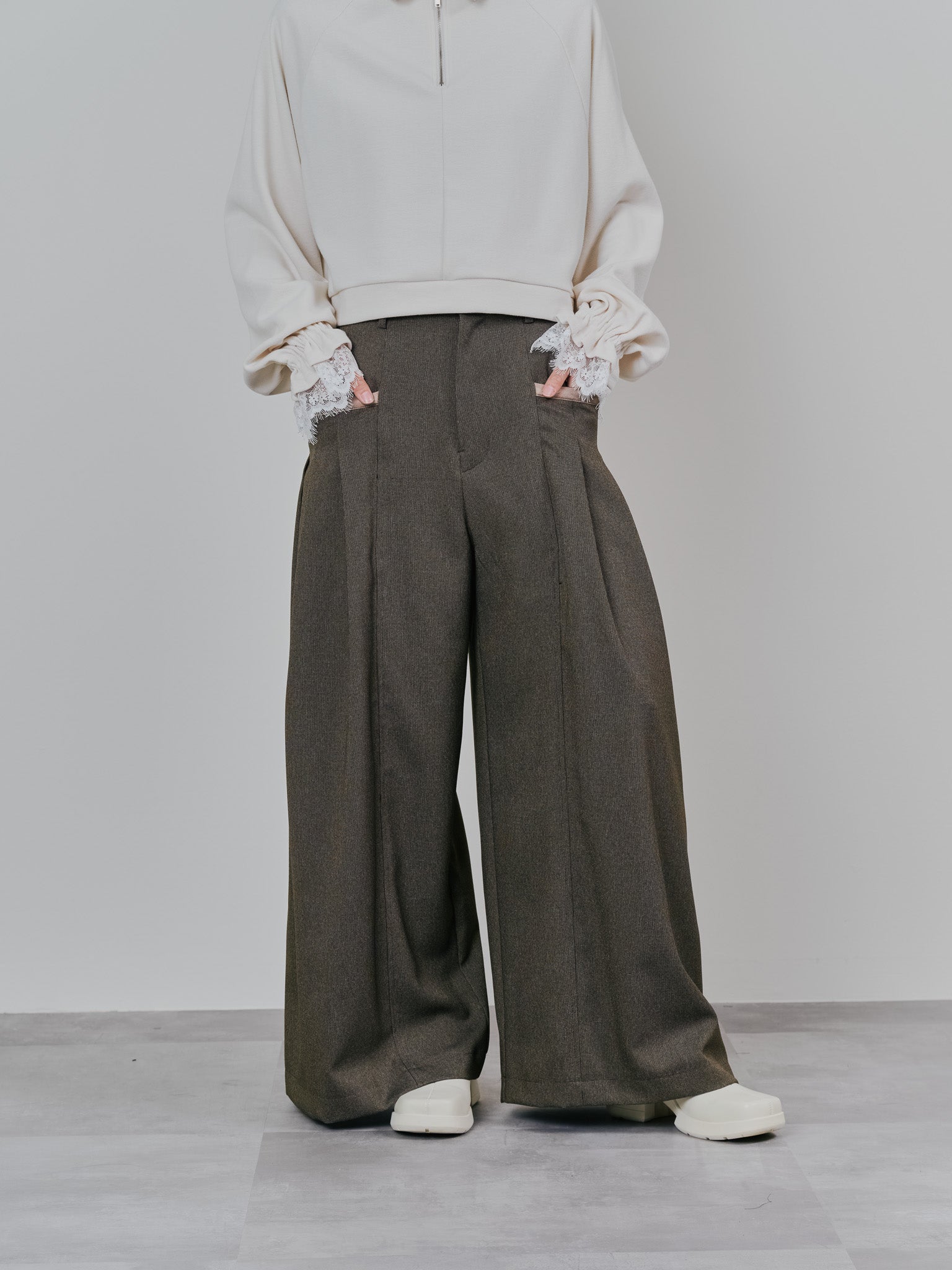 フェイクハンさん専用 チェックボリュームタックパンツ [603331] brown