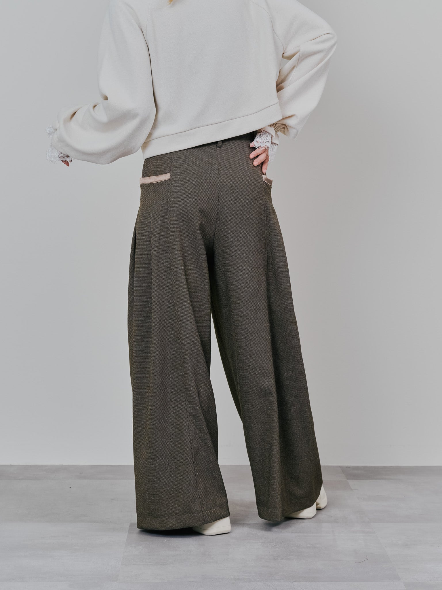 チェックボリュームタックパンツ [603331] brown