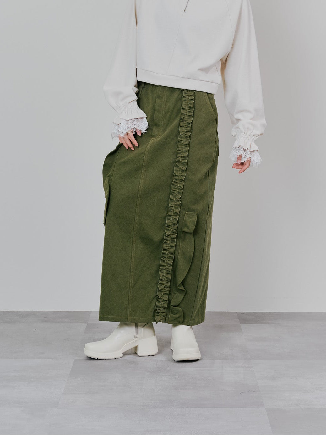 【-PRE SALE- 12/15 18:00まで!!】ミックスフリルカツラギタイトスカート [601358] khaki