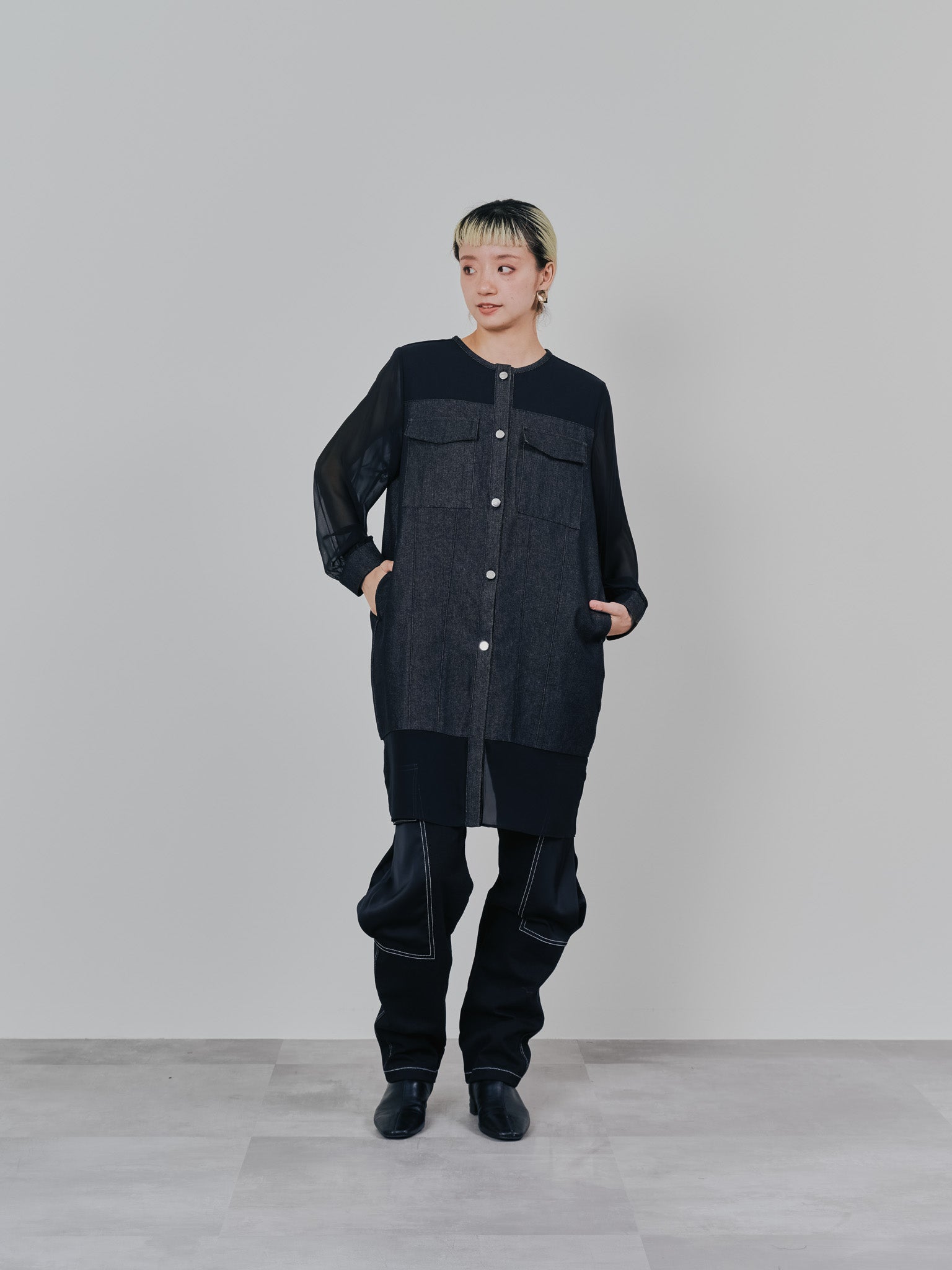 ビックサテンミリタリーポケット配色ステッチパンツ [601359] black