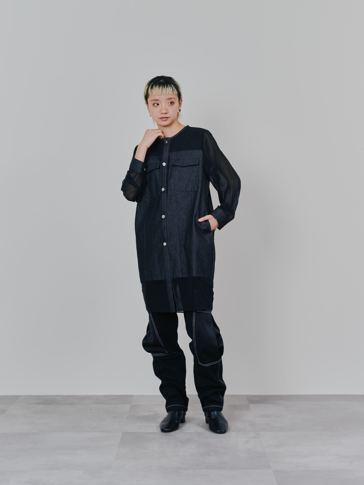 ビックサテンミリタリーポケット配色ステッチパンツ [601359] black
