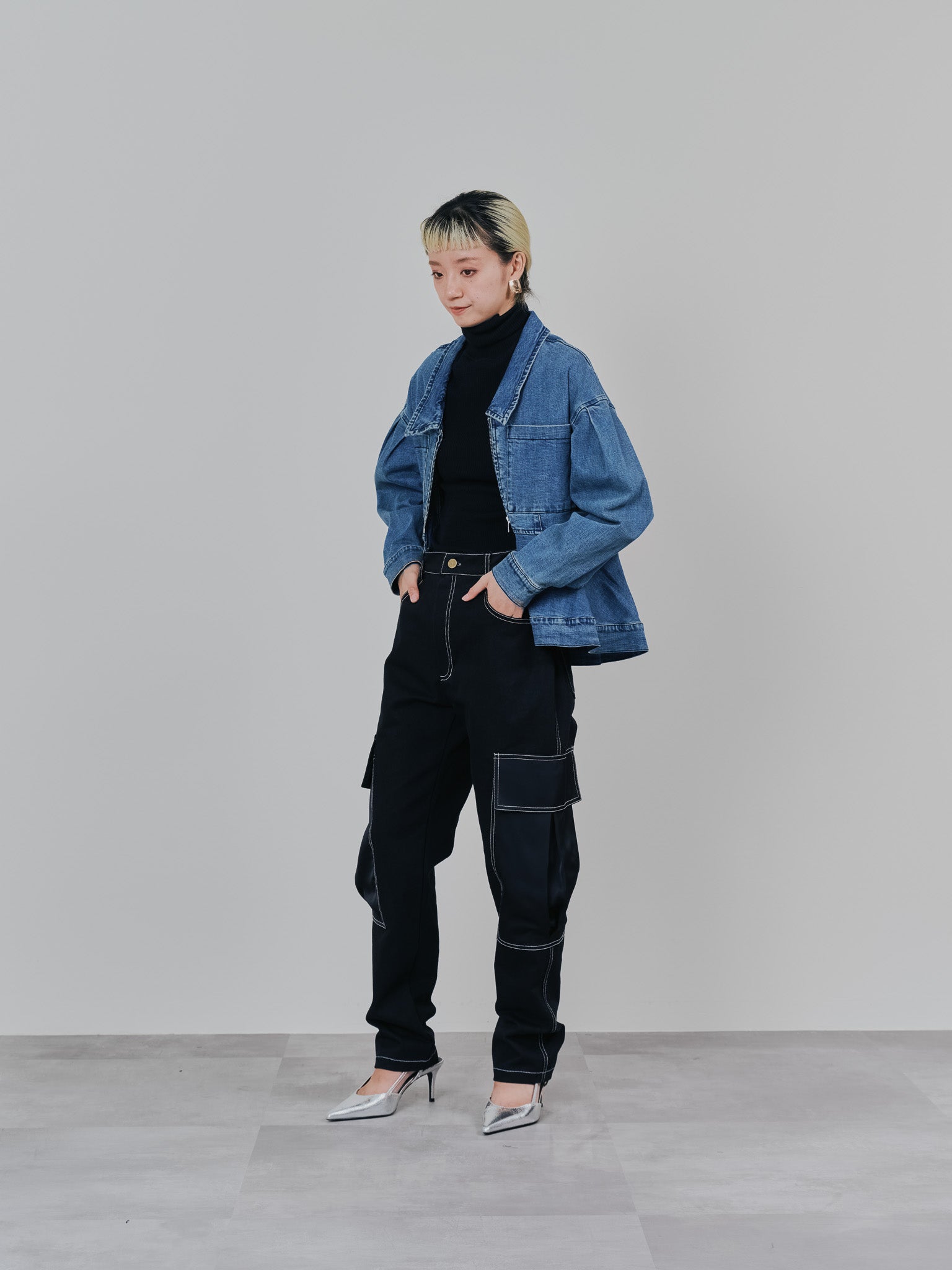 ビックサテンミリタリーポケット配色ステッチパンツ [601359] black