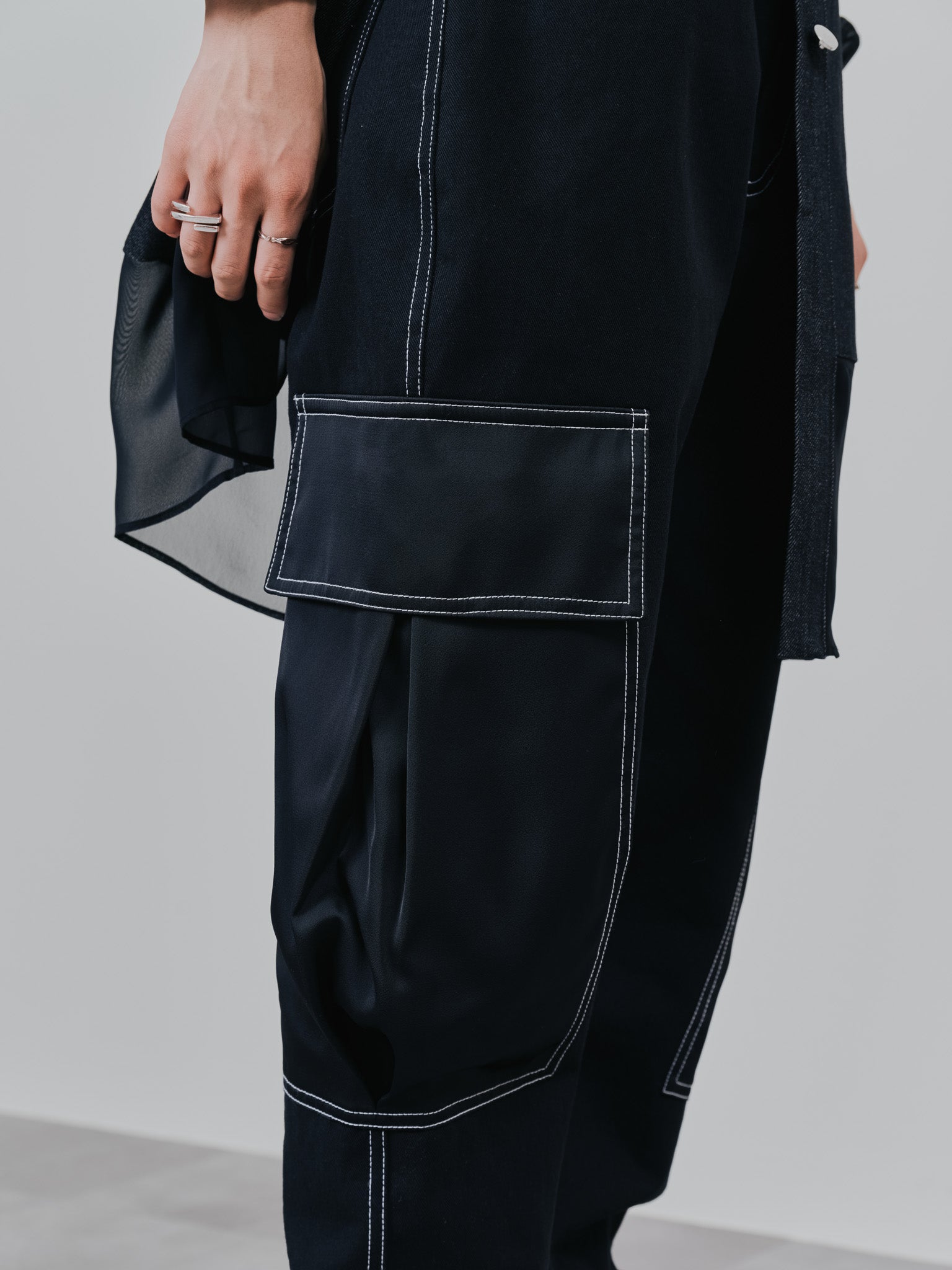 ビックサテンミリタリーポケット配色ステッチパンツ [601359] black