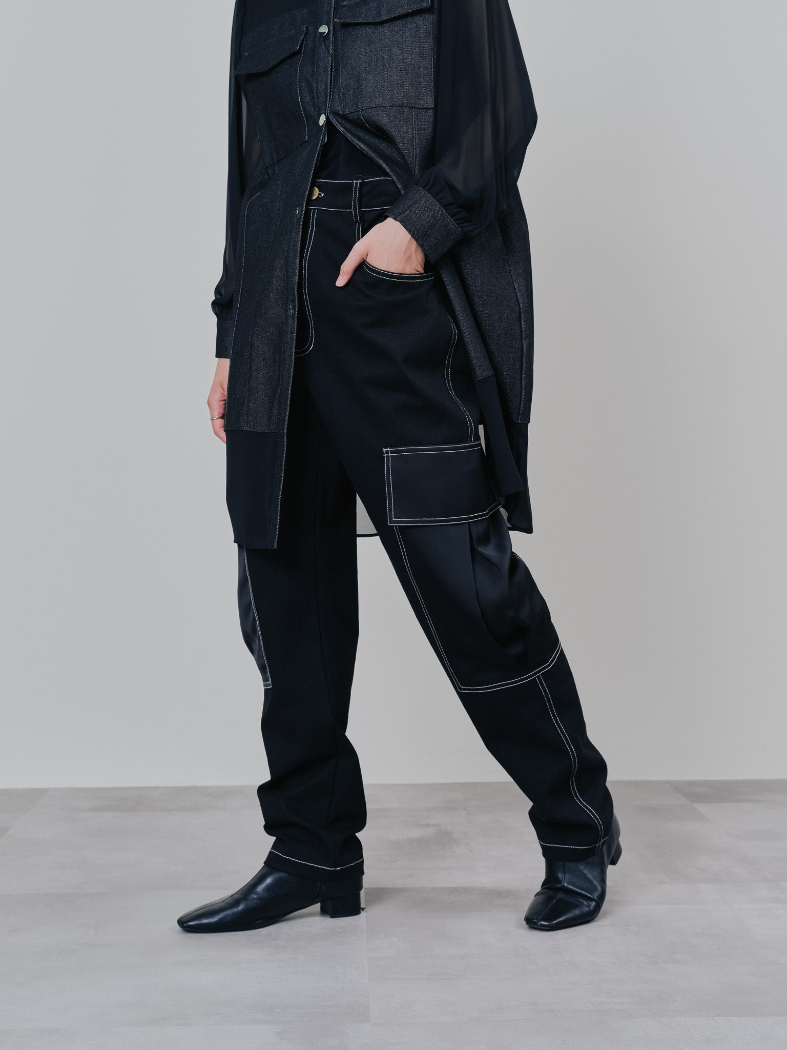 ビックサテンミリタリーポケット配色ステッチパンツ [601359] black