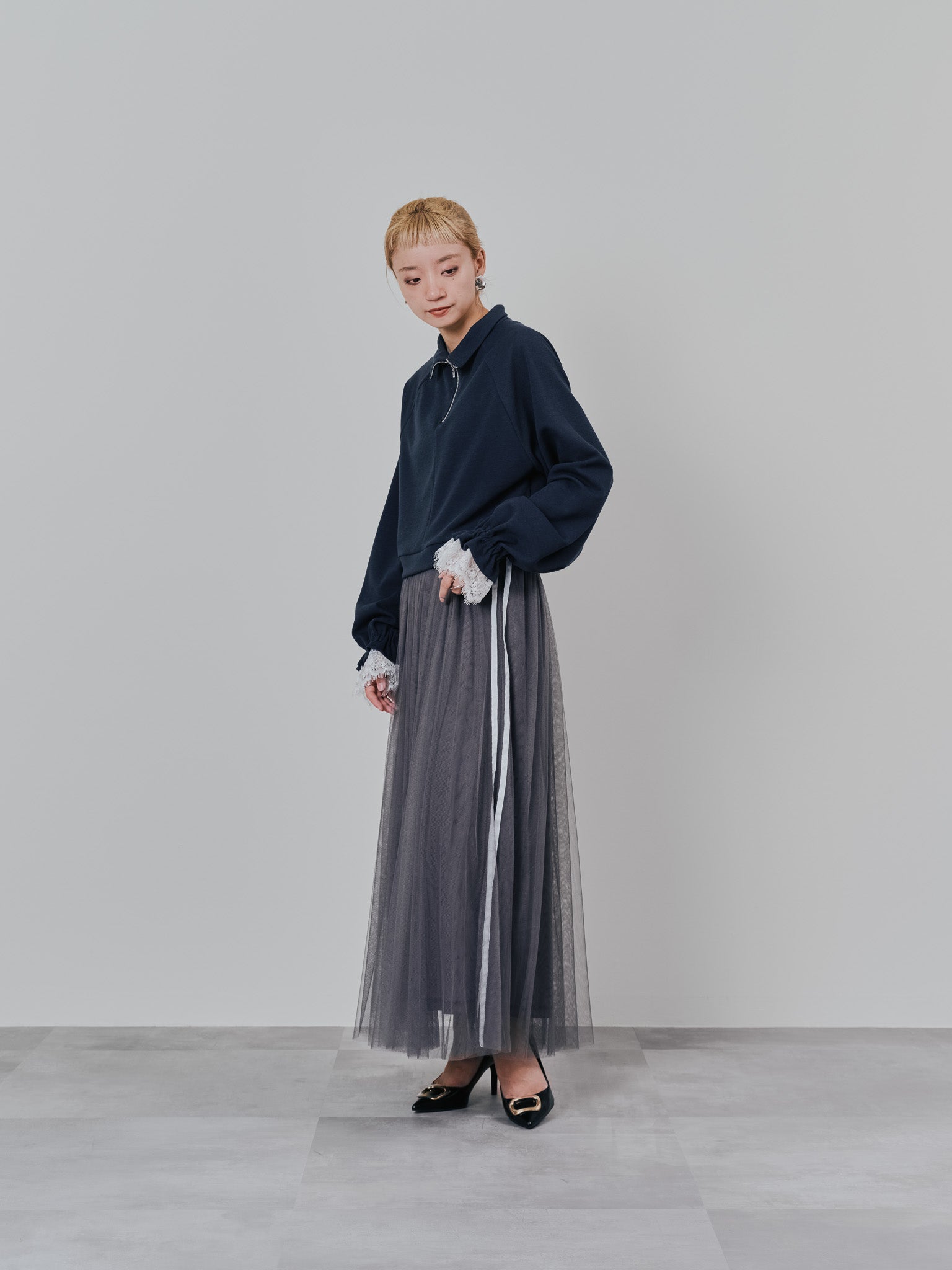 ハーフジップ配色レーストップス [605529] dark navy