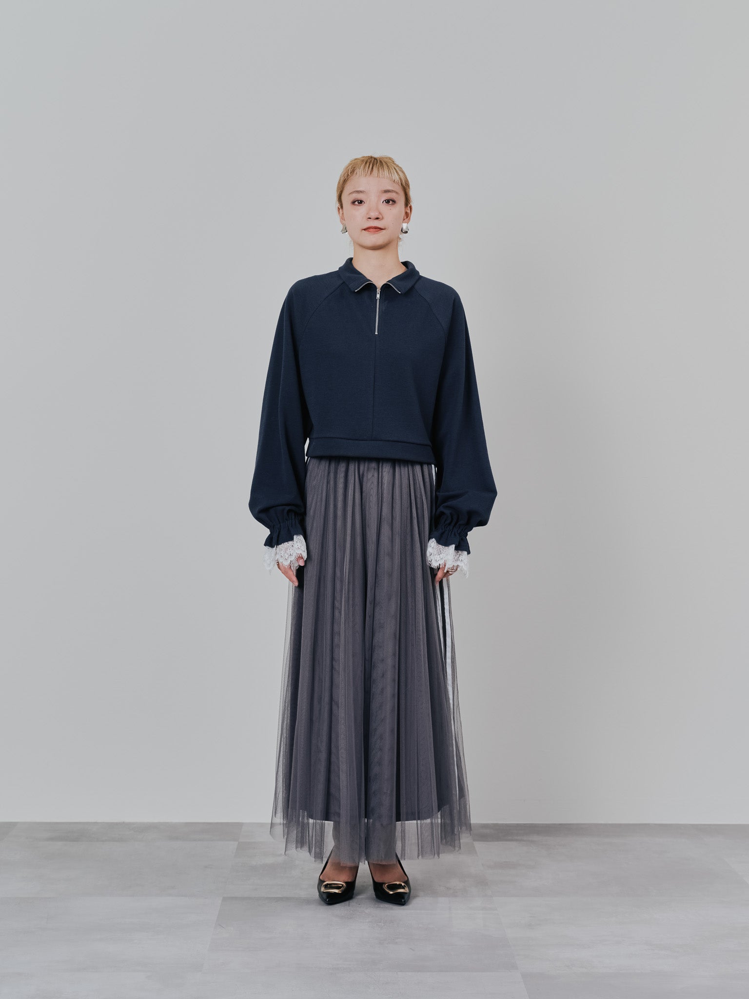 ハーフジップ配色レーストップス [605529] dark navy