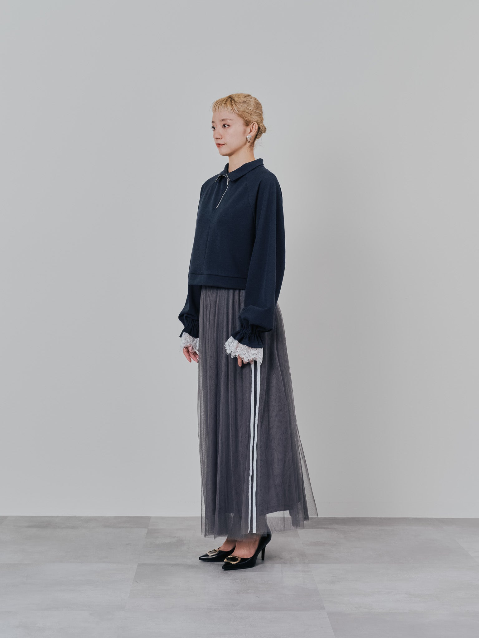 ハーフジップ配色レーストップス [605529] dark navy