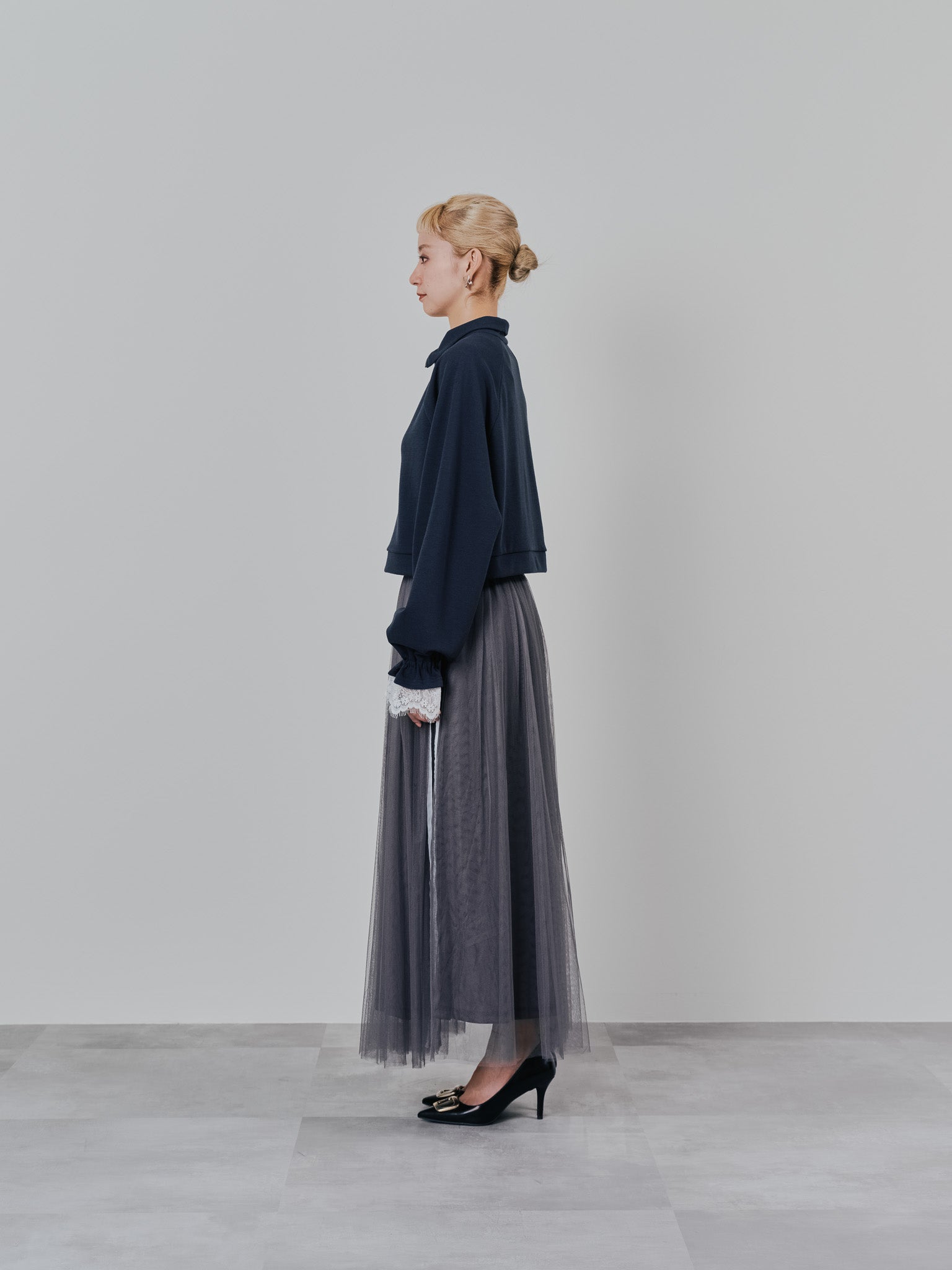 ハーフジップ配色レーストップス [605529] dark navy