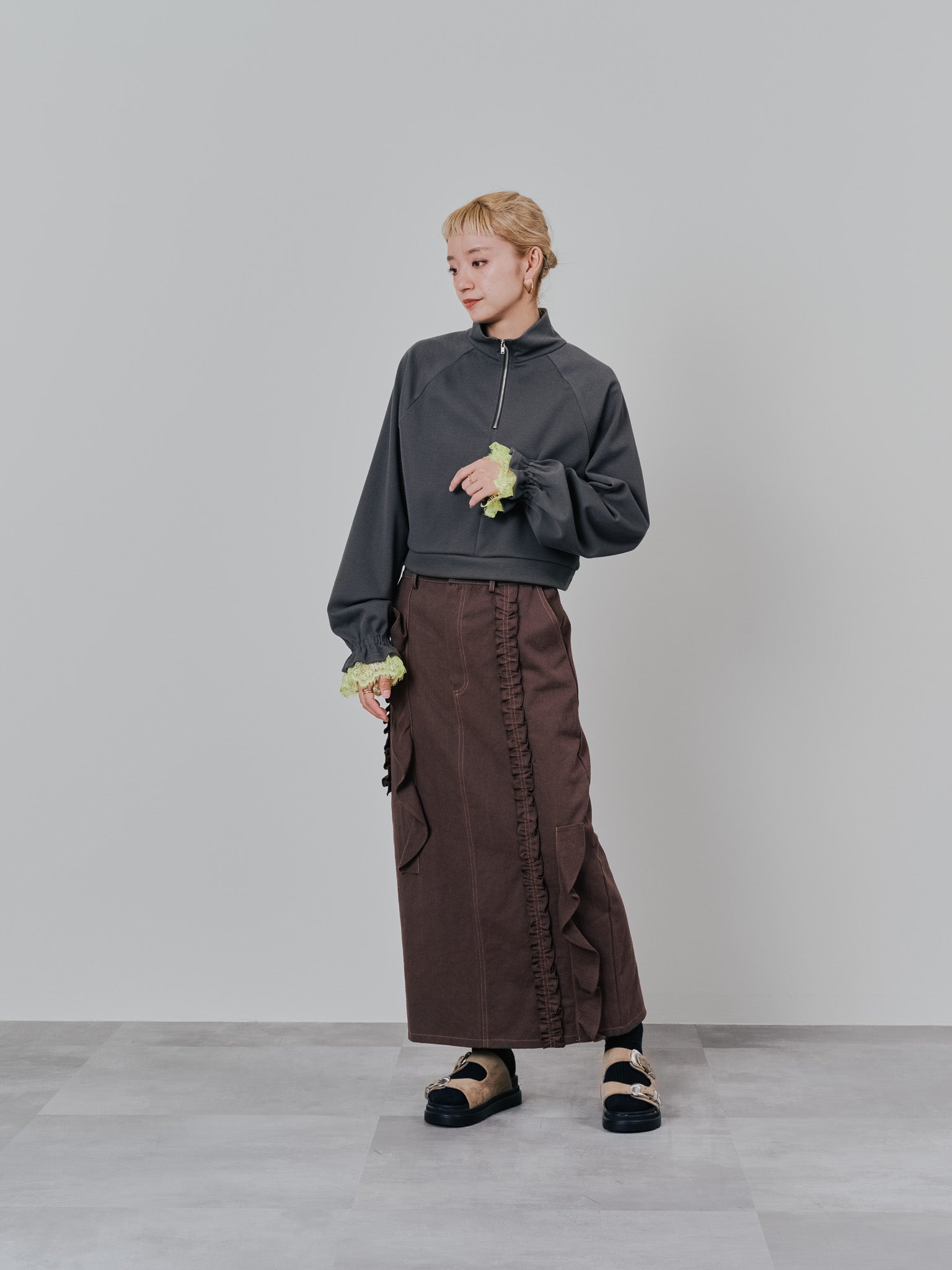 ミックスフリルカツラギタイトスカート [601358] brown