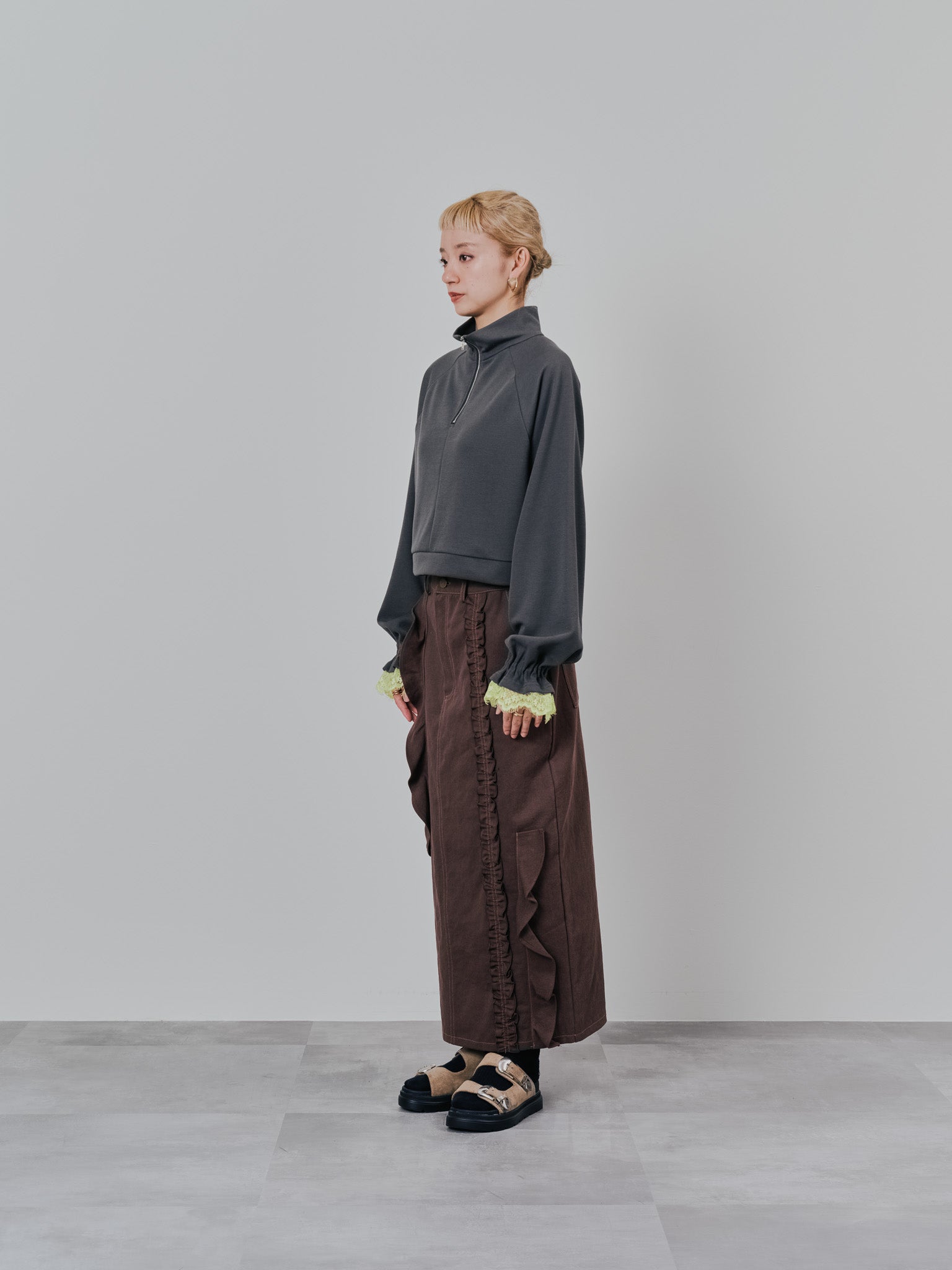 ミックスフリルカツラギタイトスカート [601358] brown