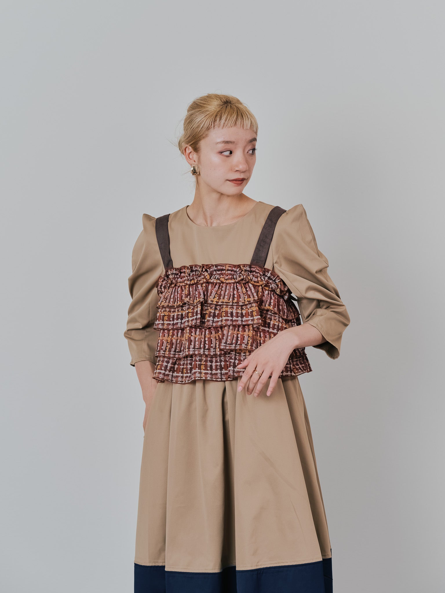 チェックプリントフリルティアードビスチェ [603335] brown
