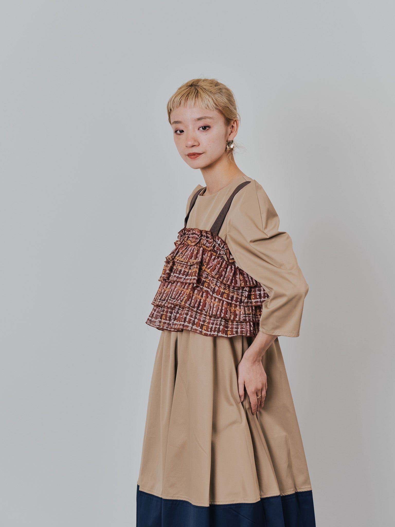 チェックプリントフリルティアードビスチェ [603335] brown