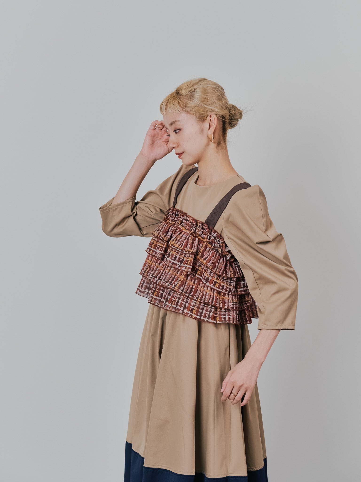 チェックプリントフリルティアードビスチェ [603335] brown