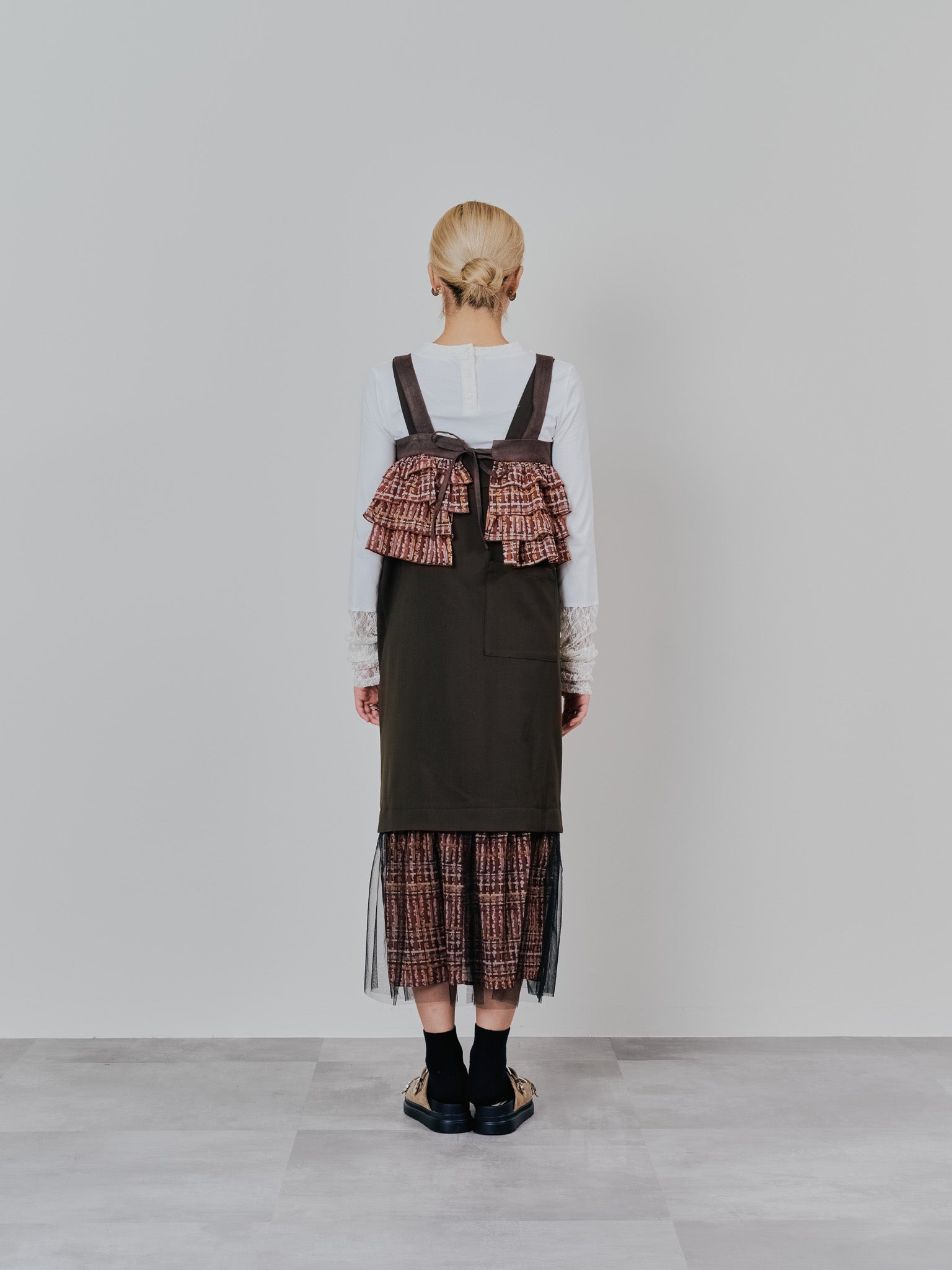 【TIME SALE 11/4まで!!】チェックプリントフリルティアードビスチェ [603335] brown