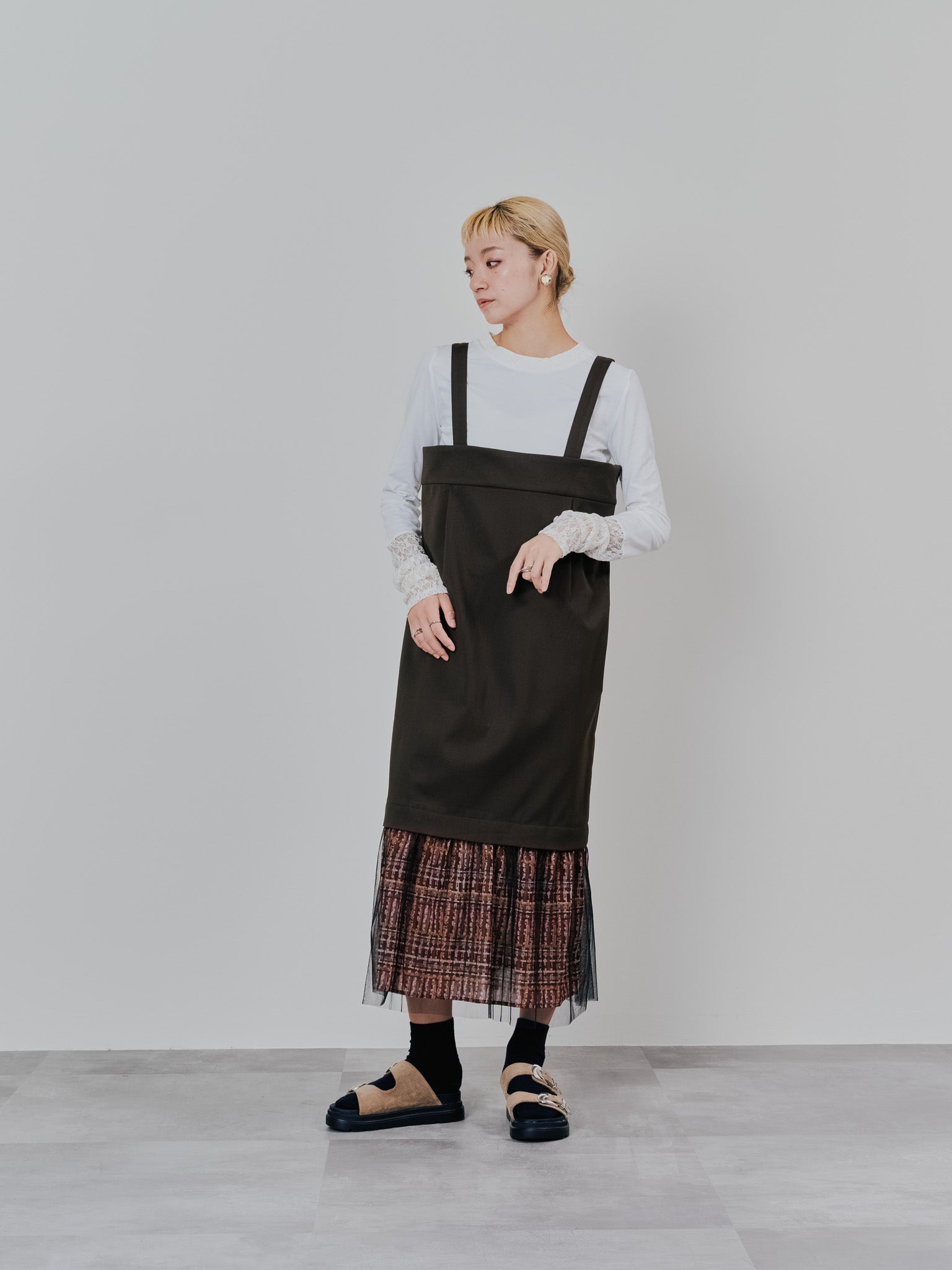 ヘムチェックサスペンダー付スカート [603341] brown