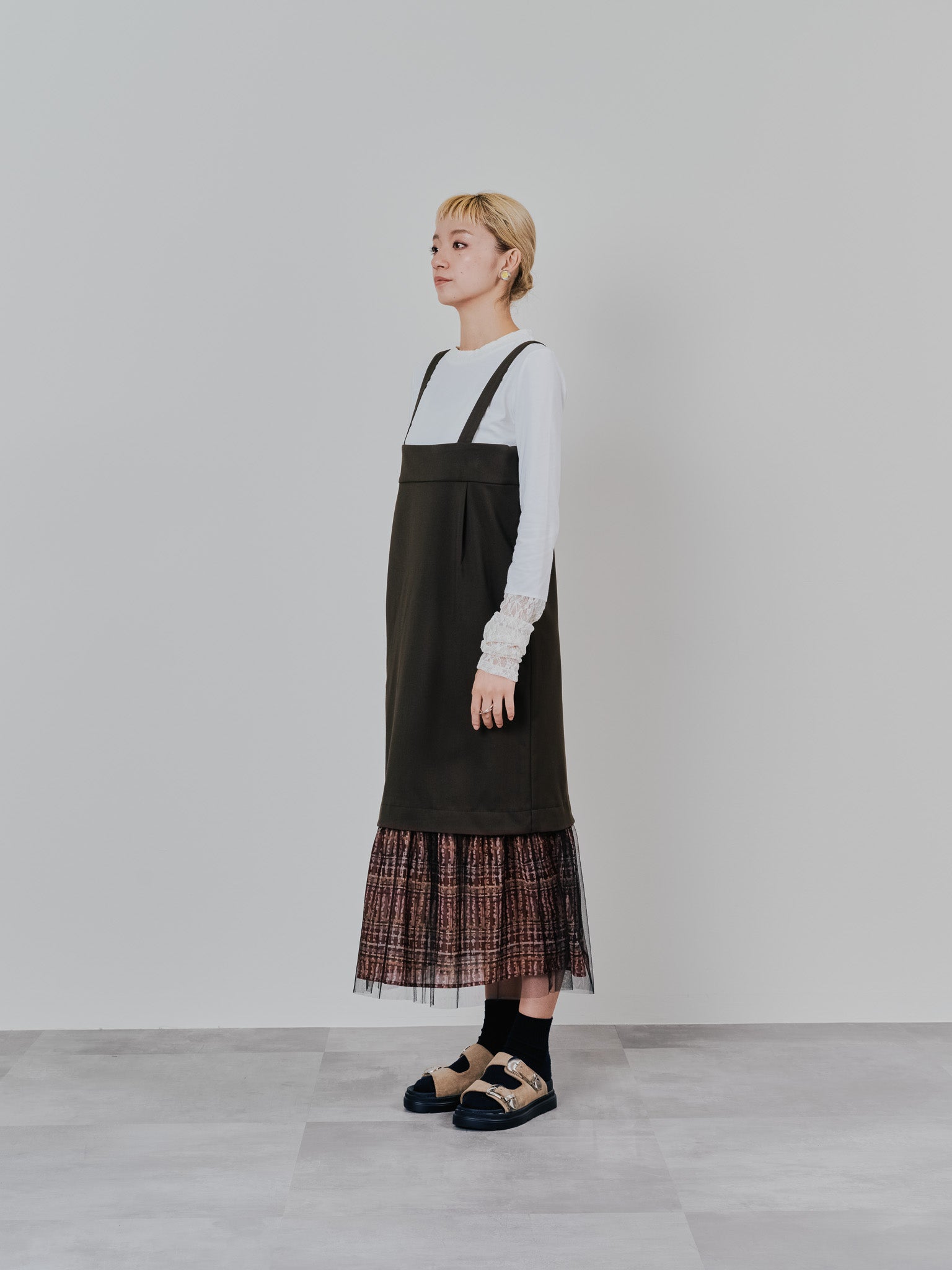 ヘムチェックサスペンダー付スカート [603341] brown