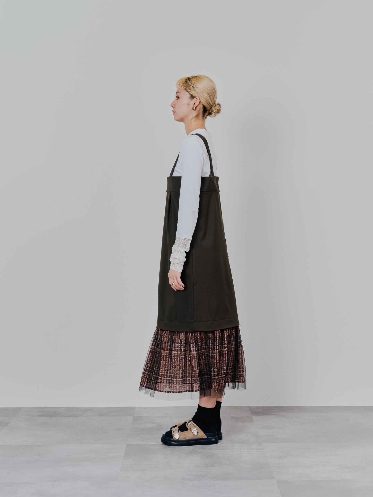ヘムチェックサスペンダー付スカート [603341] brown