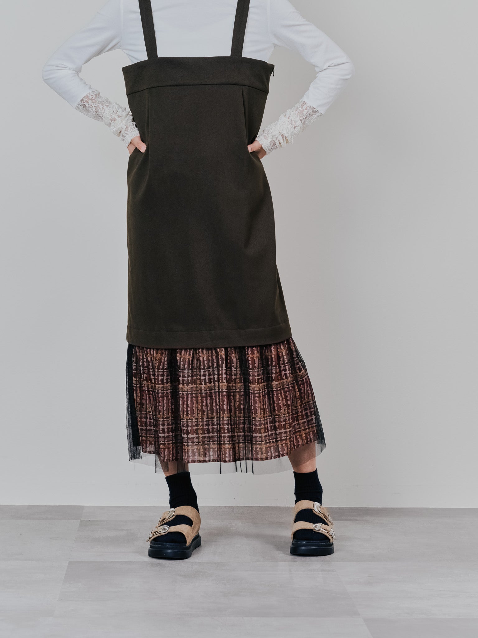 ヘムチェックサスペンダー付スカート [603341] brown