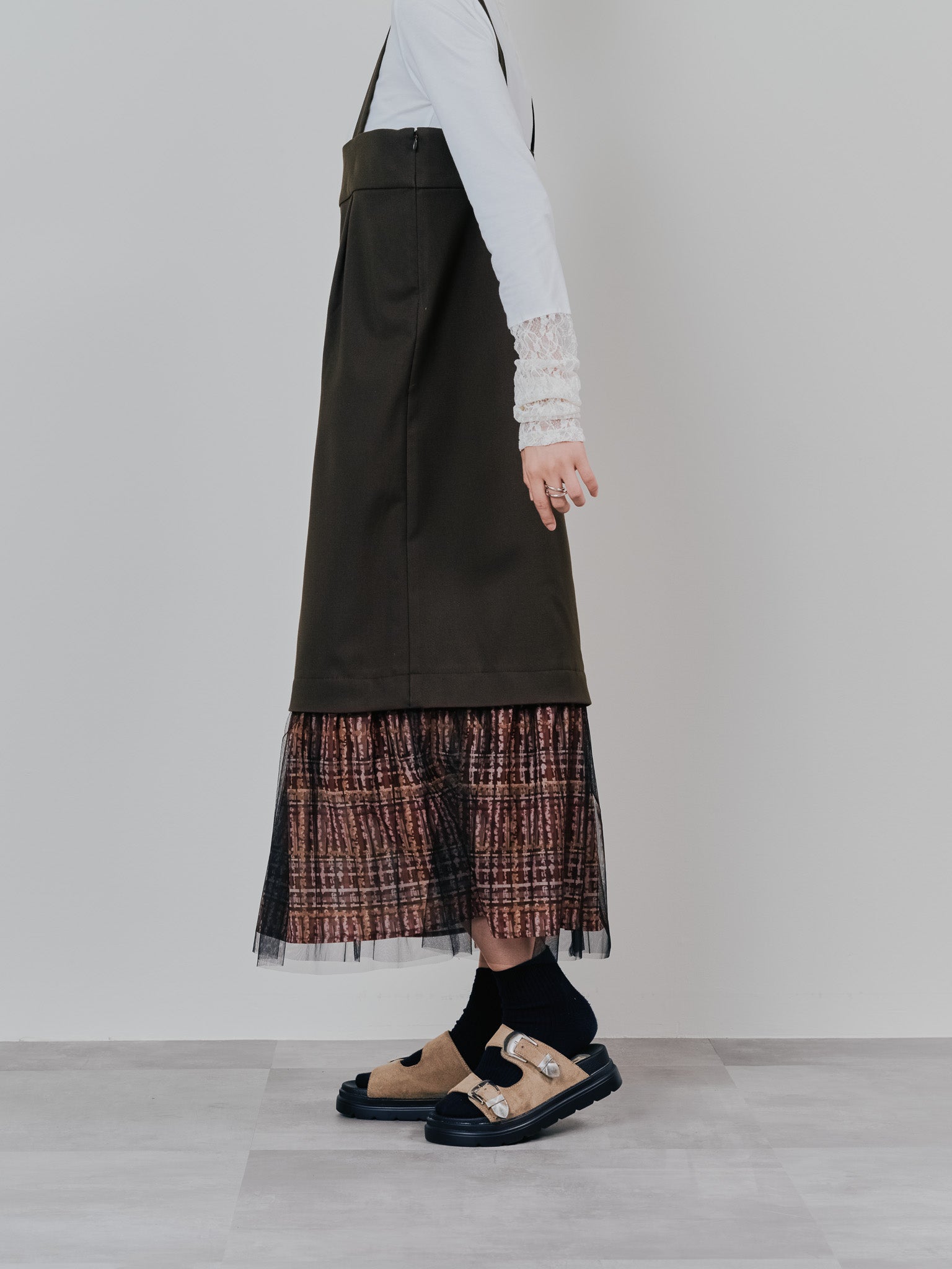 ヘムチェックサスペンダー付スカート [603341] brown