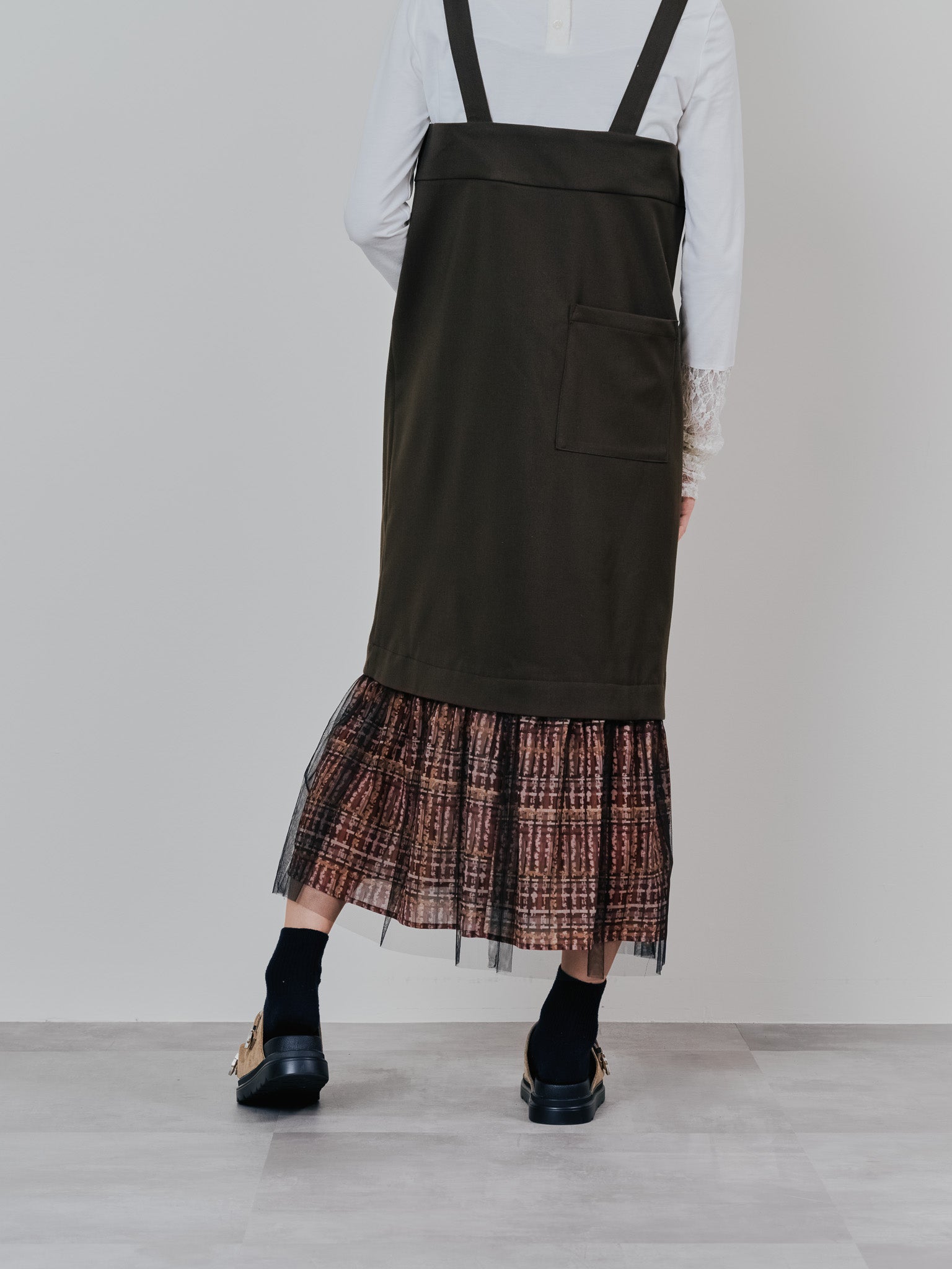 ヘムチェックサスペンダー付スカート [603341] brown
