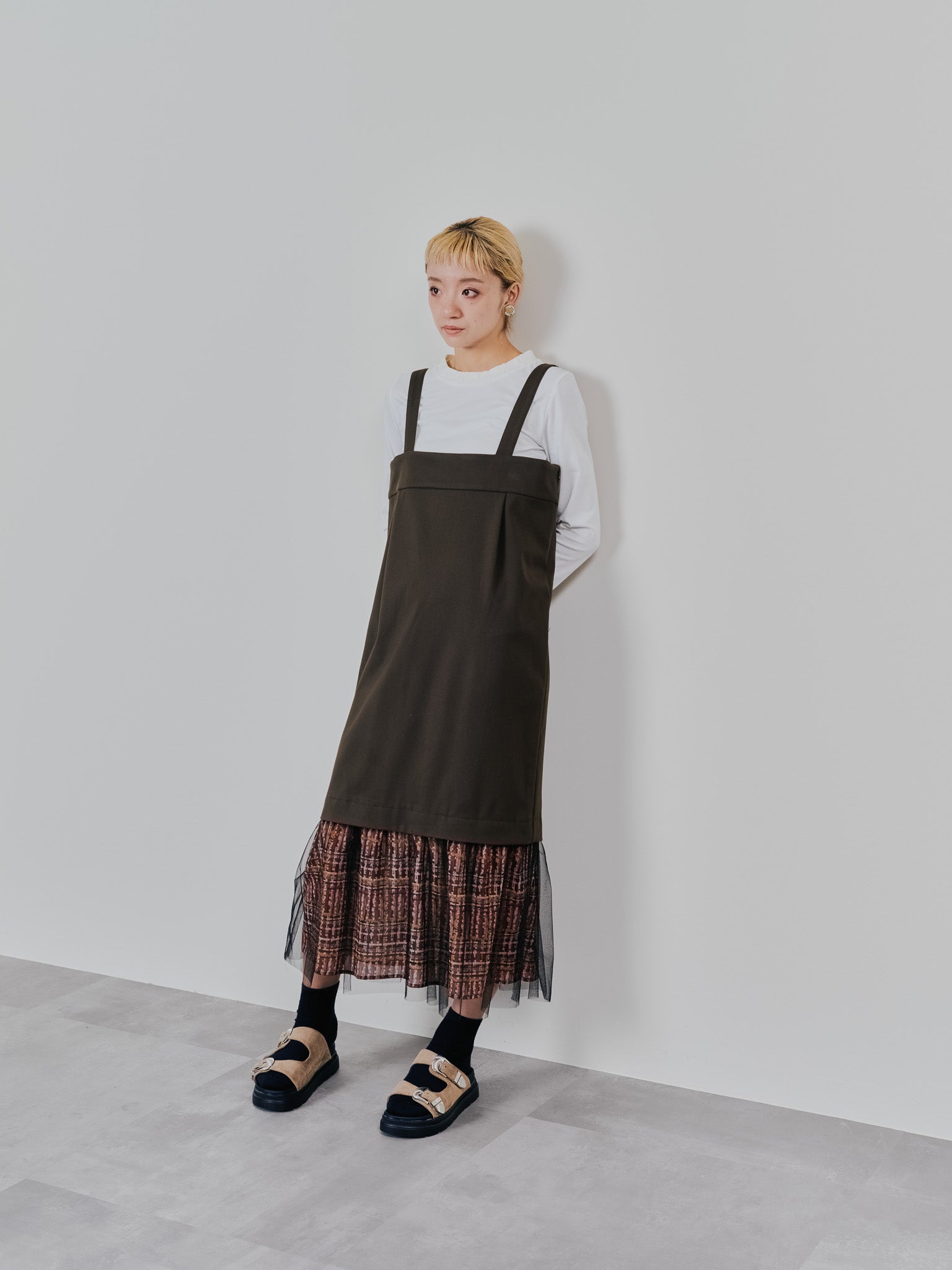 ヘムチェックサスペンダー付スカート [603341] brown