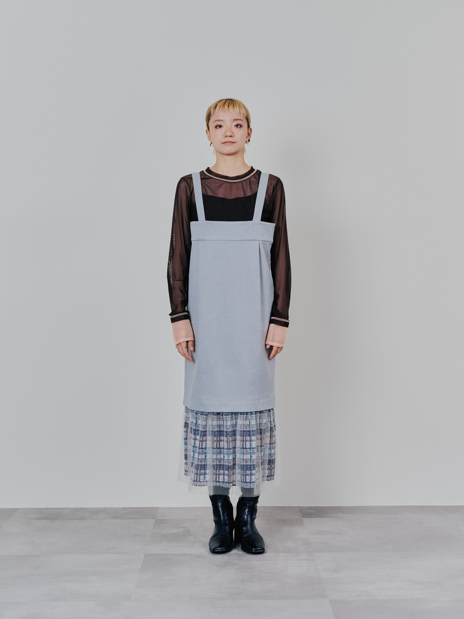 ヘムチェックサスペンダー付スカート [603341] grey