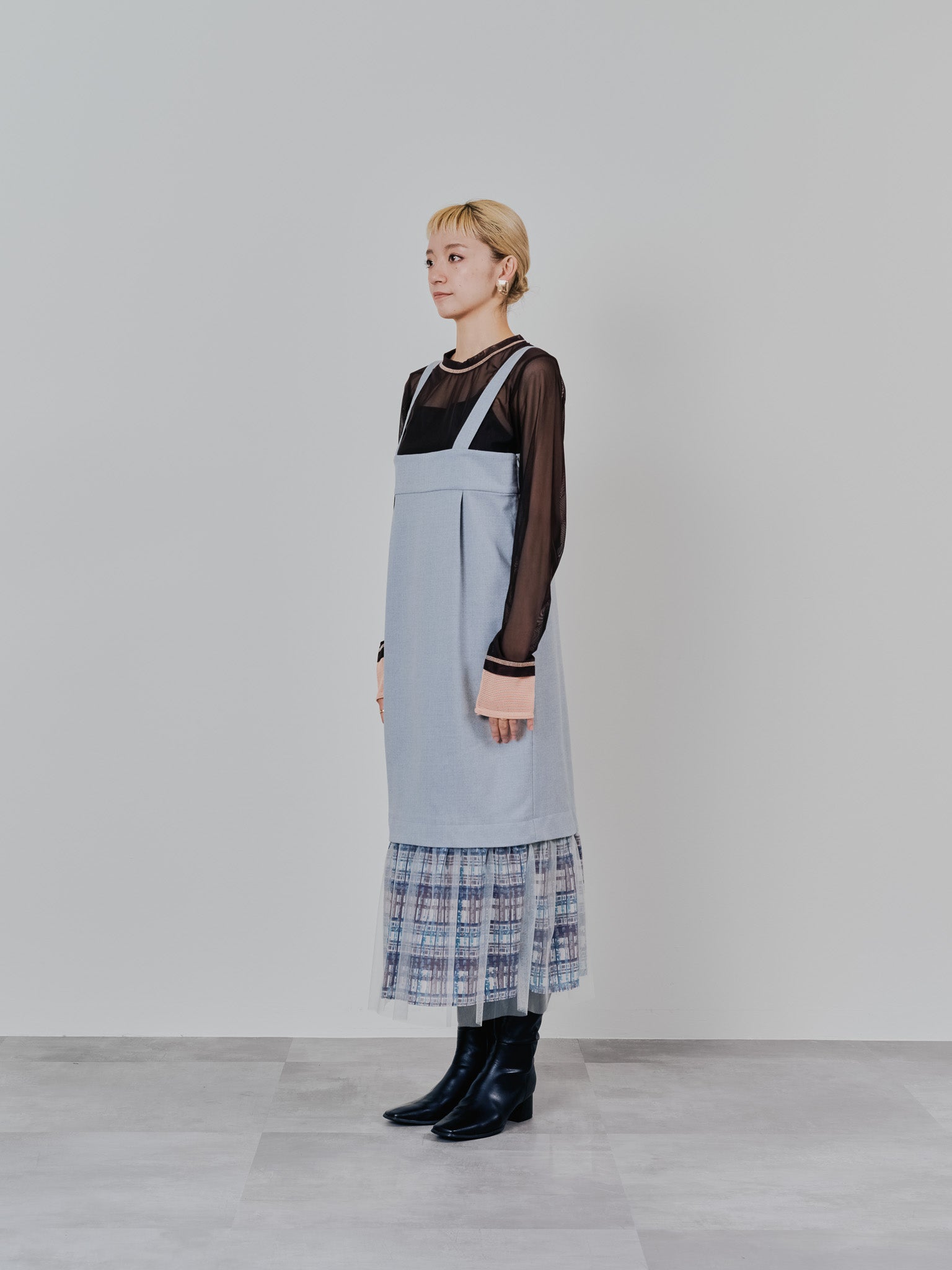 ヘムチェックサスペンダー付スカート [603341] grey