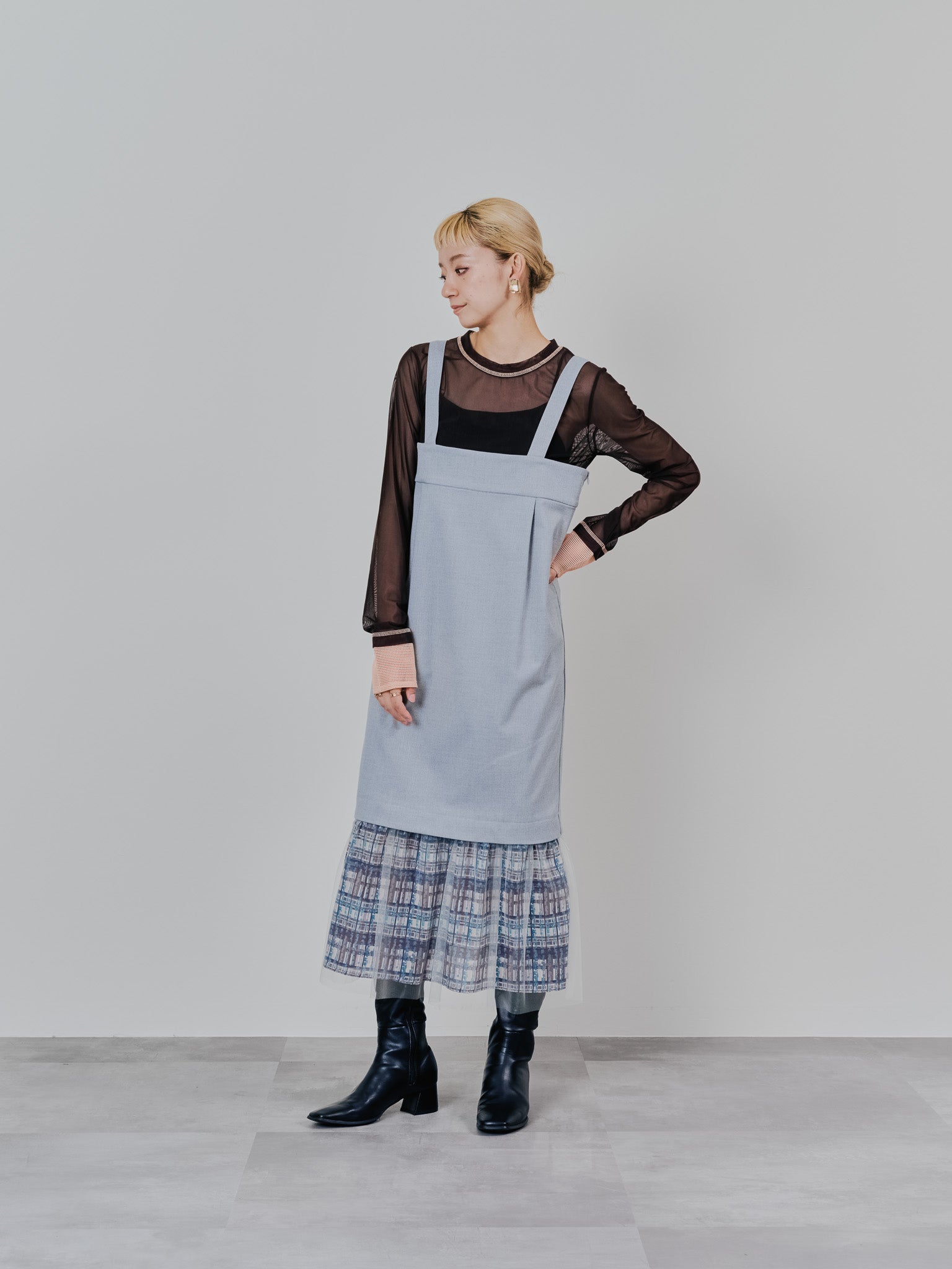 ヘムチェックサスペンダー付スカート [603341] grey