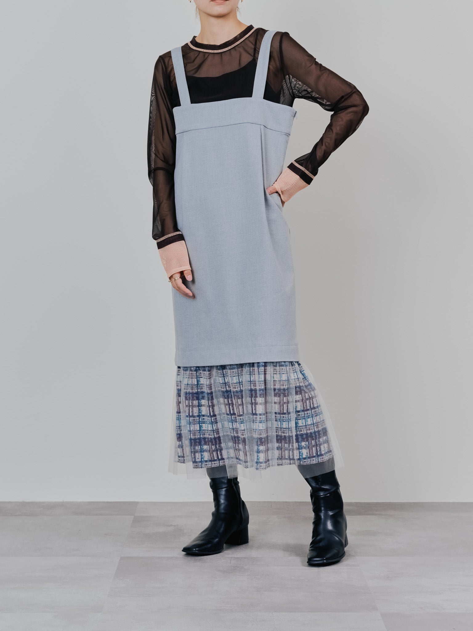 ヘムチェックサスペンダー付スカート [603341] grey