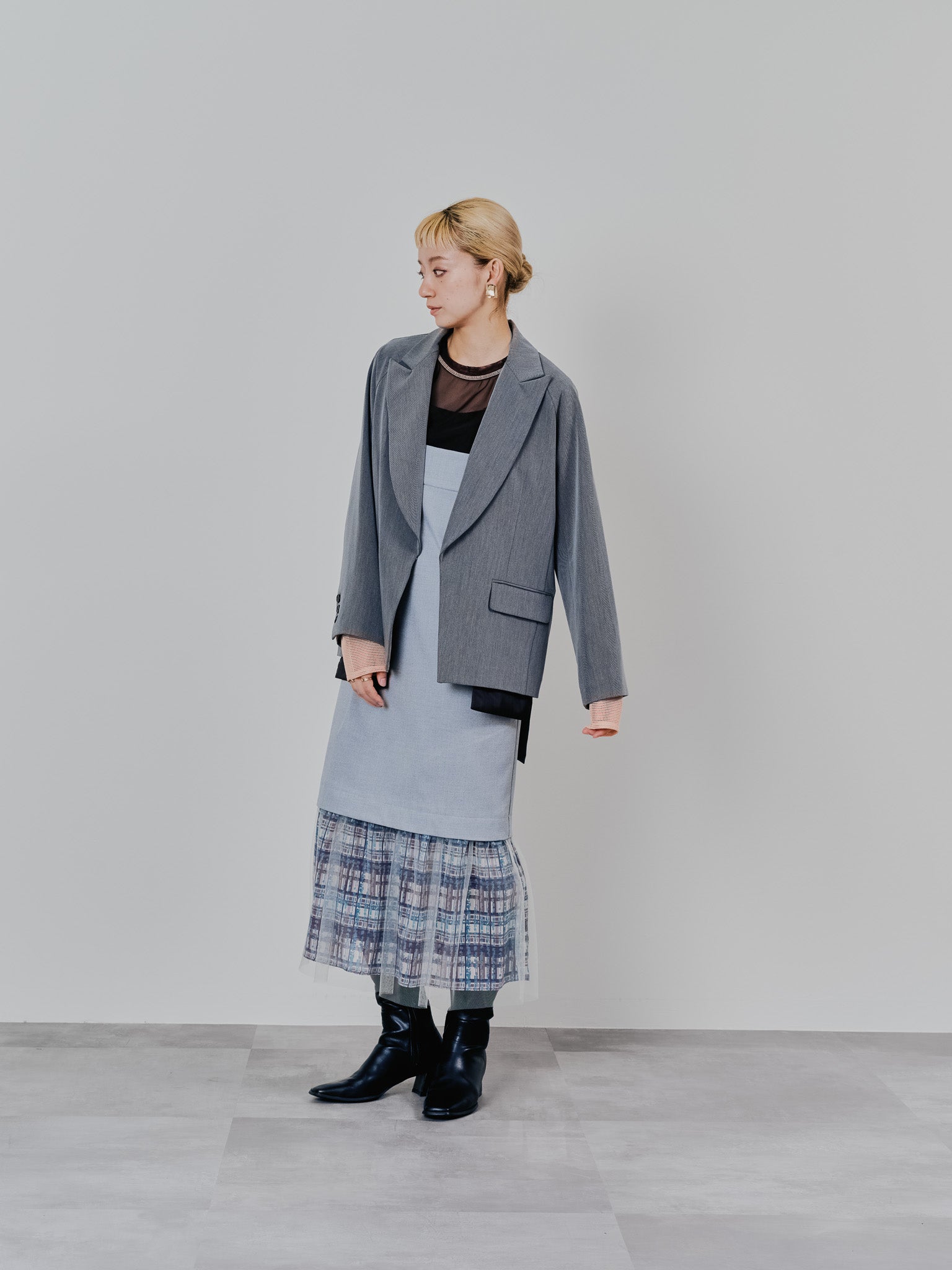 ヘムチェックサスペンダー付スカート [603341] grey