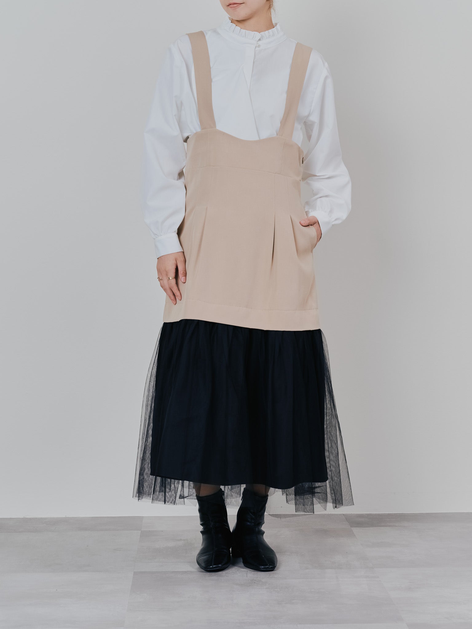 【SALE】チュールドッキングチノジャンパースカ―ト [601418] beige