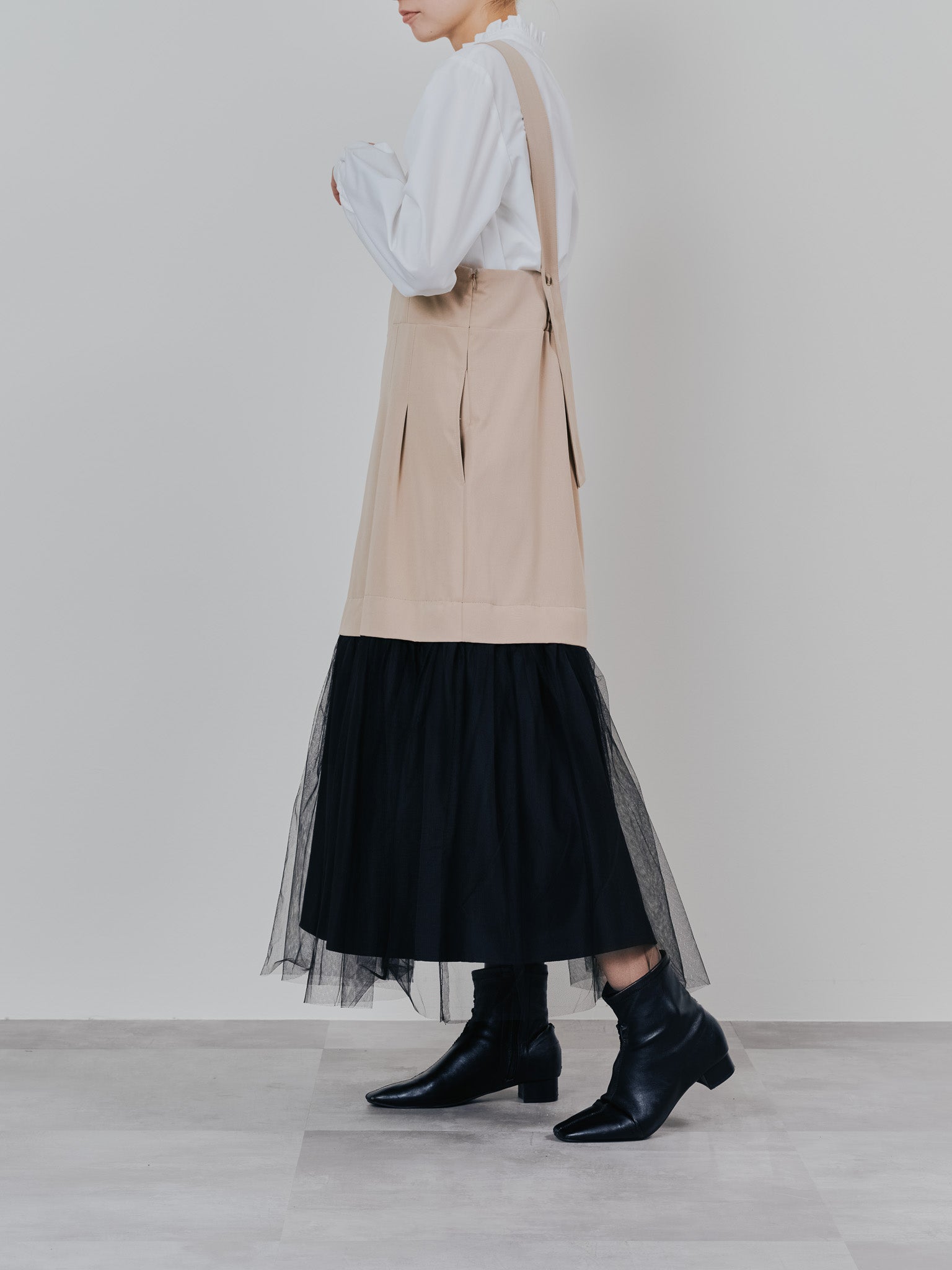 【SALE】チュールドッキングチノジャンパースカ―ト [601418] beige