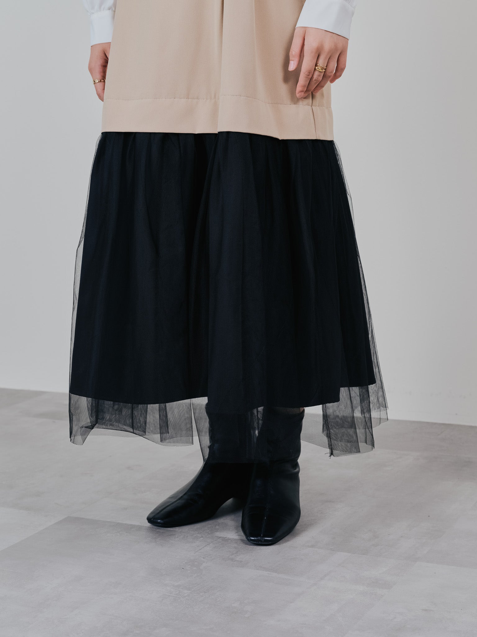 【SALE】チュールドッキングチノジャンパースカ―ト [601418] beige