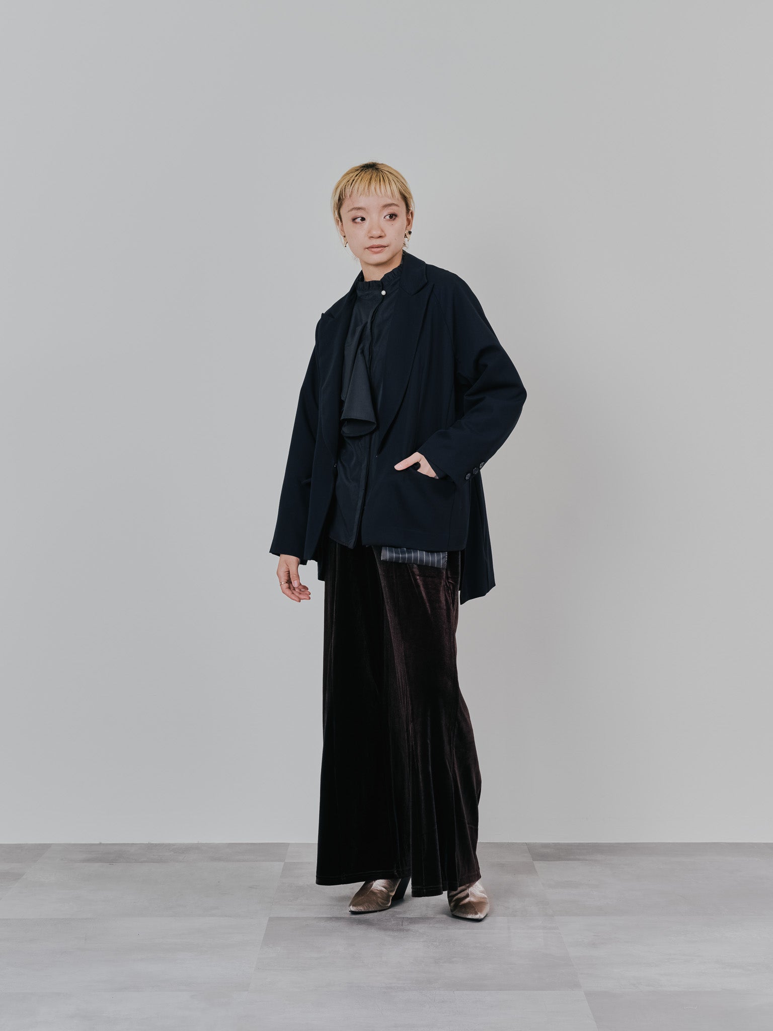 配色ストライプポイントアシメヘムジャケット [605544] black