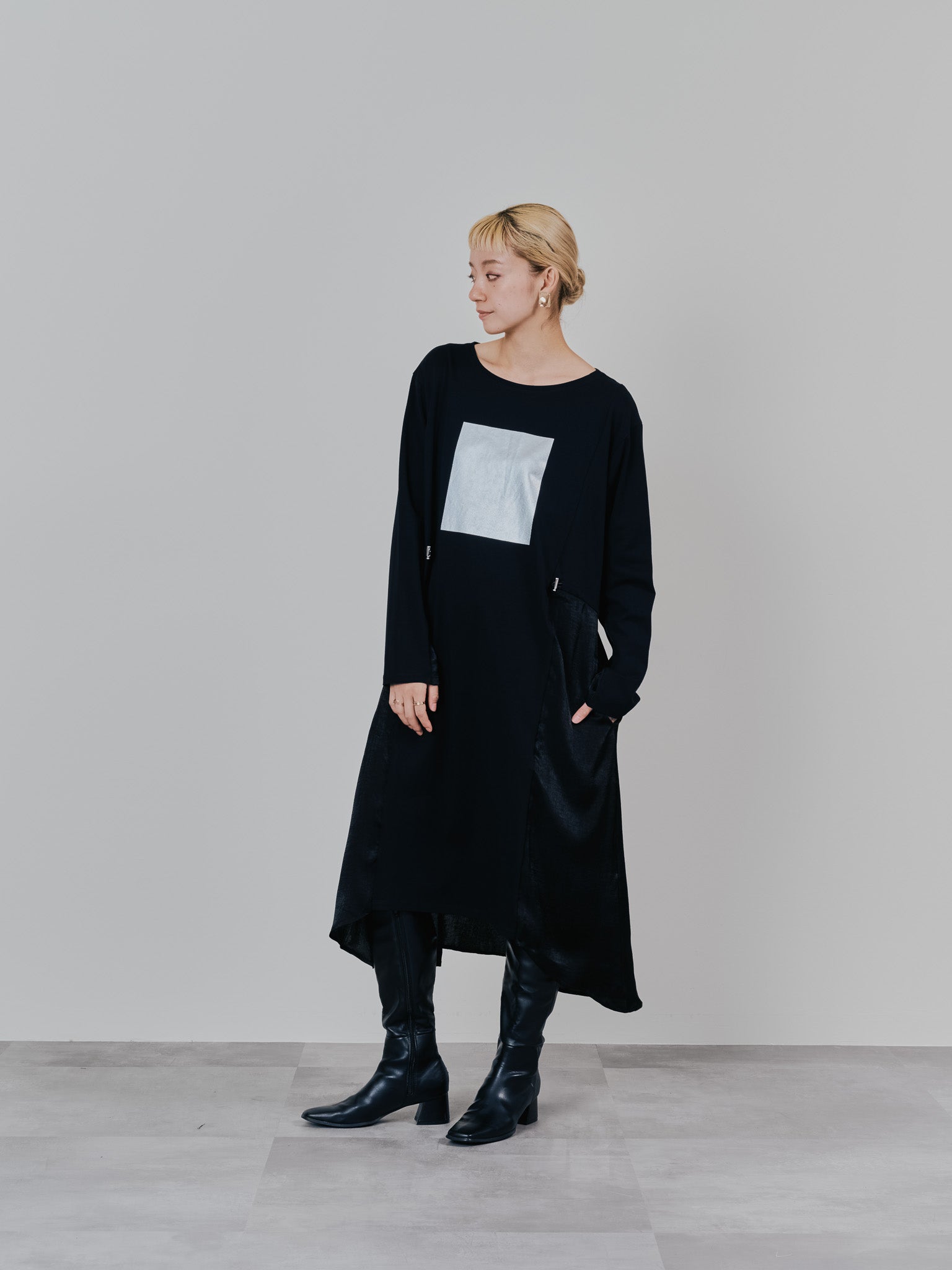 箔プリントカットソーワンピース [601416] black
