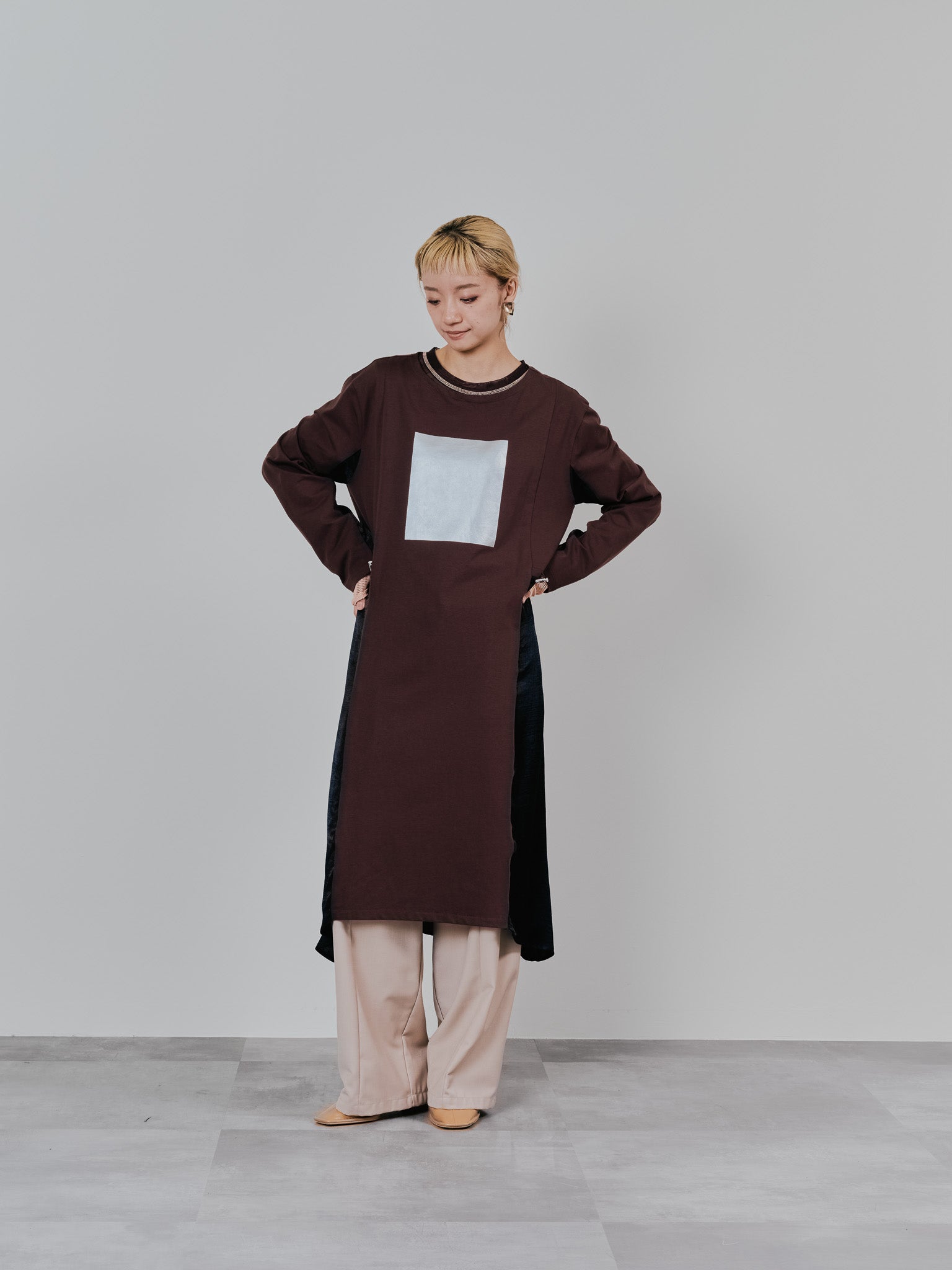 箔プリントカットソーワンピース [601416] brown