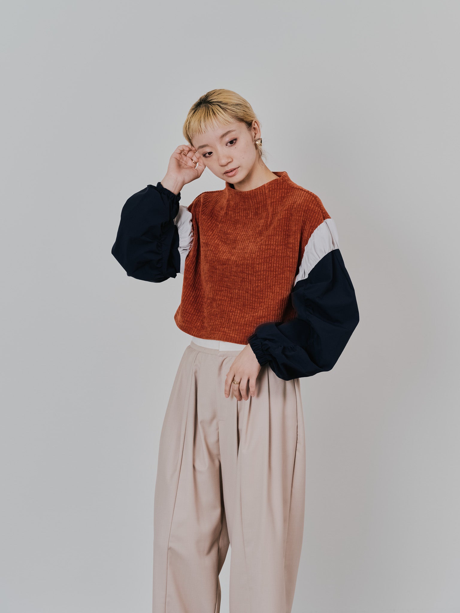 MA-1 スリーブコーデュロイライクニットソー [608316] orange