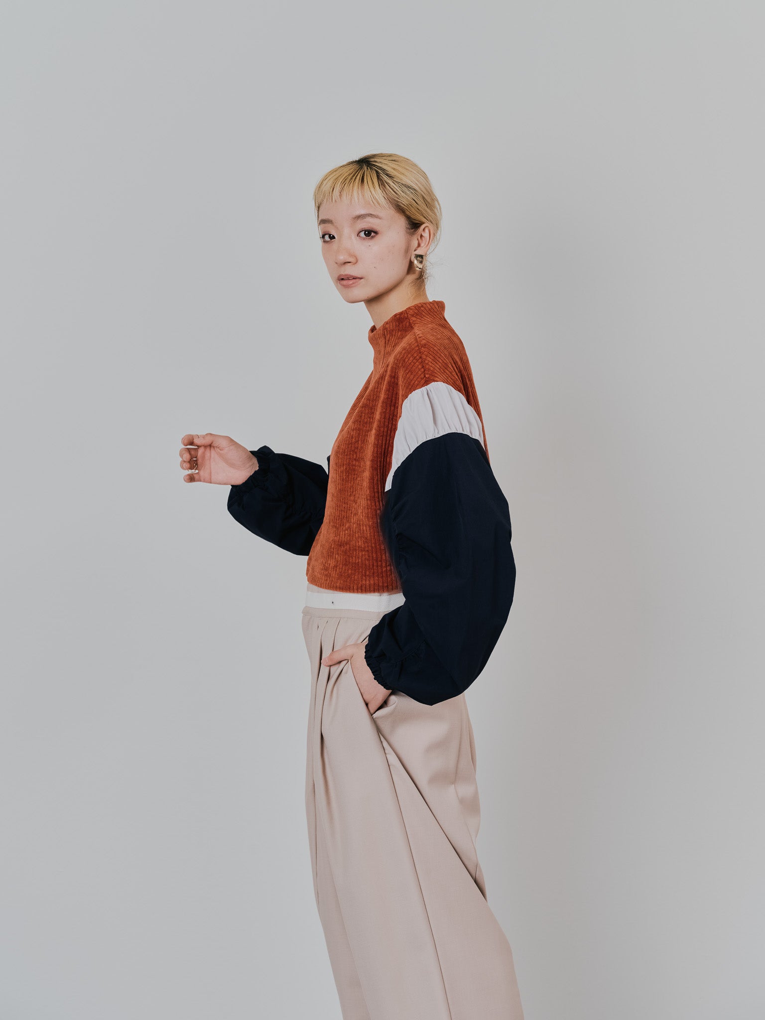 MA-1 スリーブコーデュロイライクニットソー [608316] orange