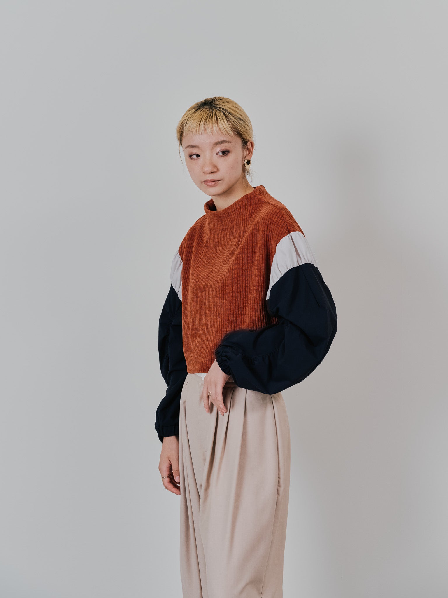 MA-1 スリーブコーデュロイライクニットソー [608316] orange