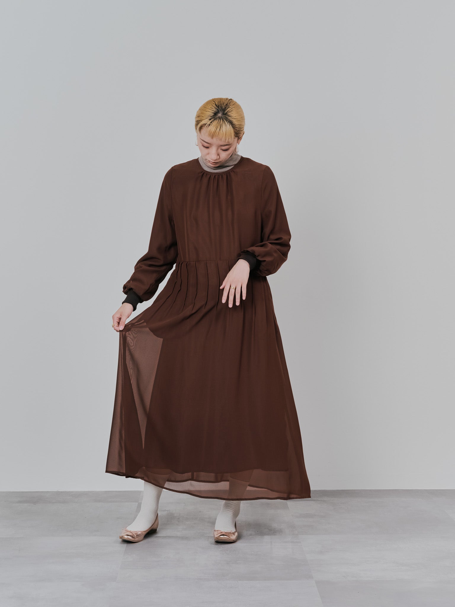 ピンタック配色ワンピース [605540] brown